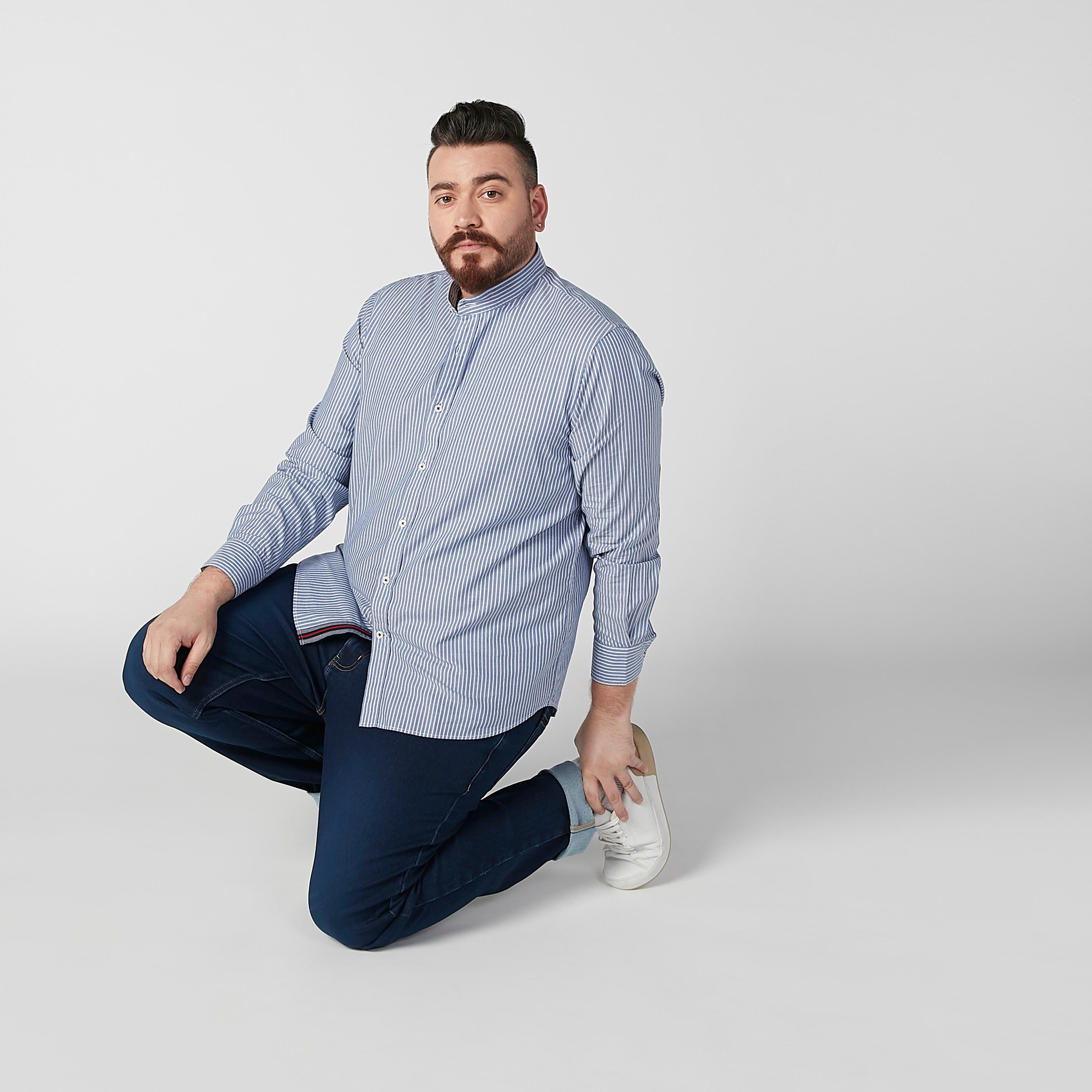 Striped Shirt with Mandarin Collar and Long Sleeves-men-clothing-shirts-image-2