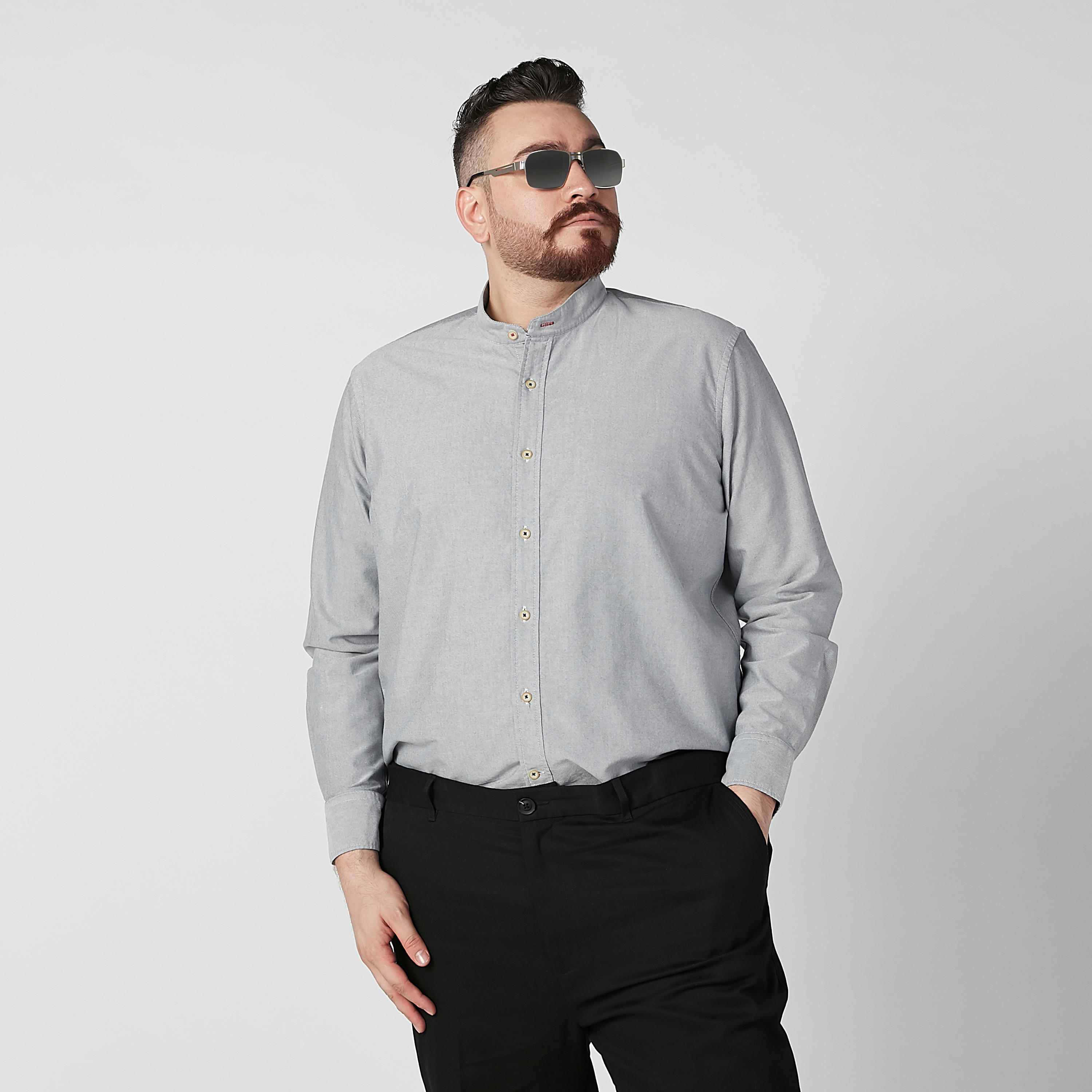 قميص سادة بياقة ماندارين وأكمام طويلة-men-clothing-shirts-image-1