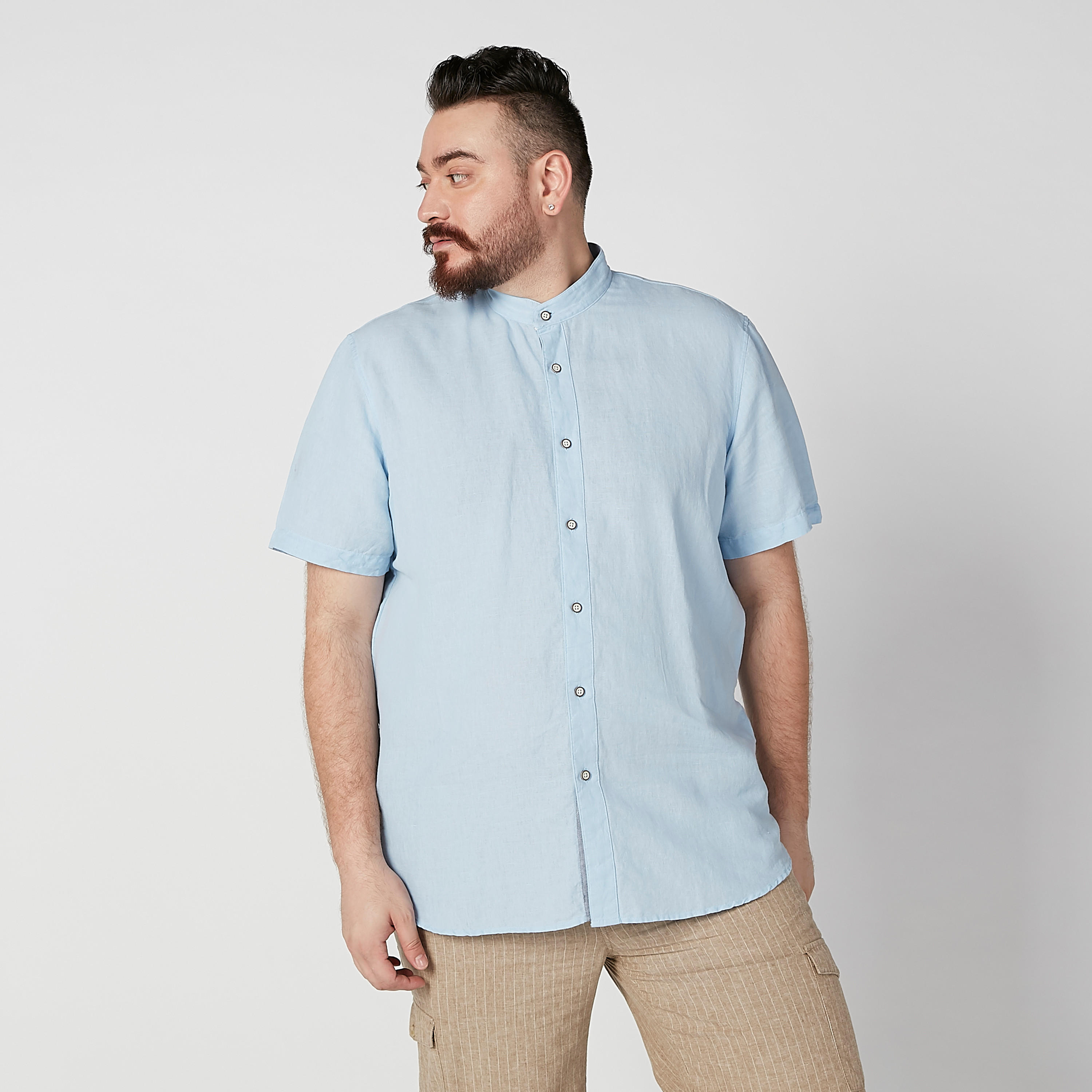 Plain Shirt with Mandarin Collar and Short Sleeves-men-clothing-shirts-image-2