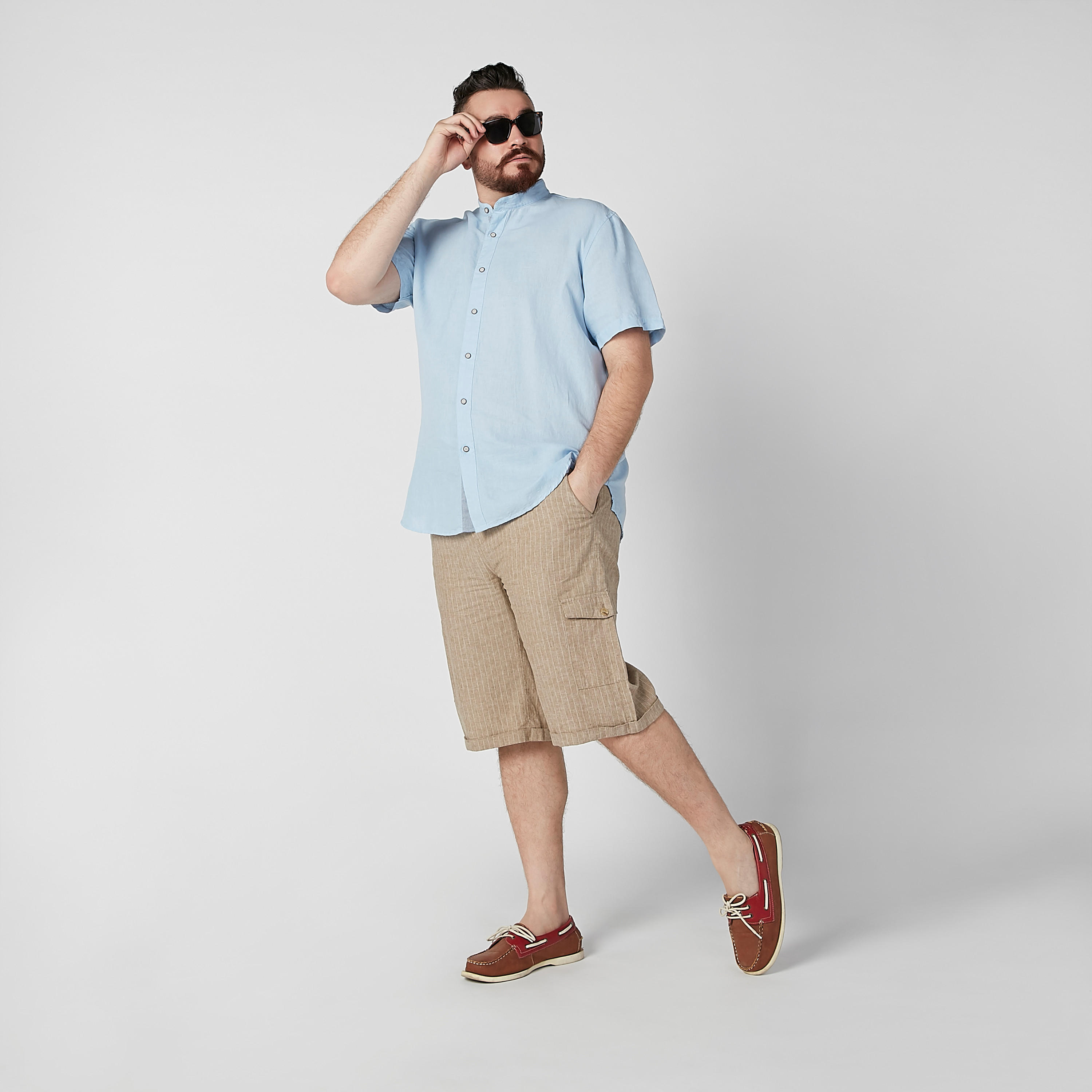 Plain Shirt with Mandarin Collar and Short Sleeves-men-clothing-shirts-image-3