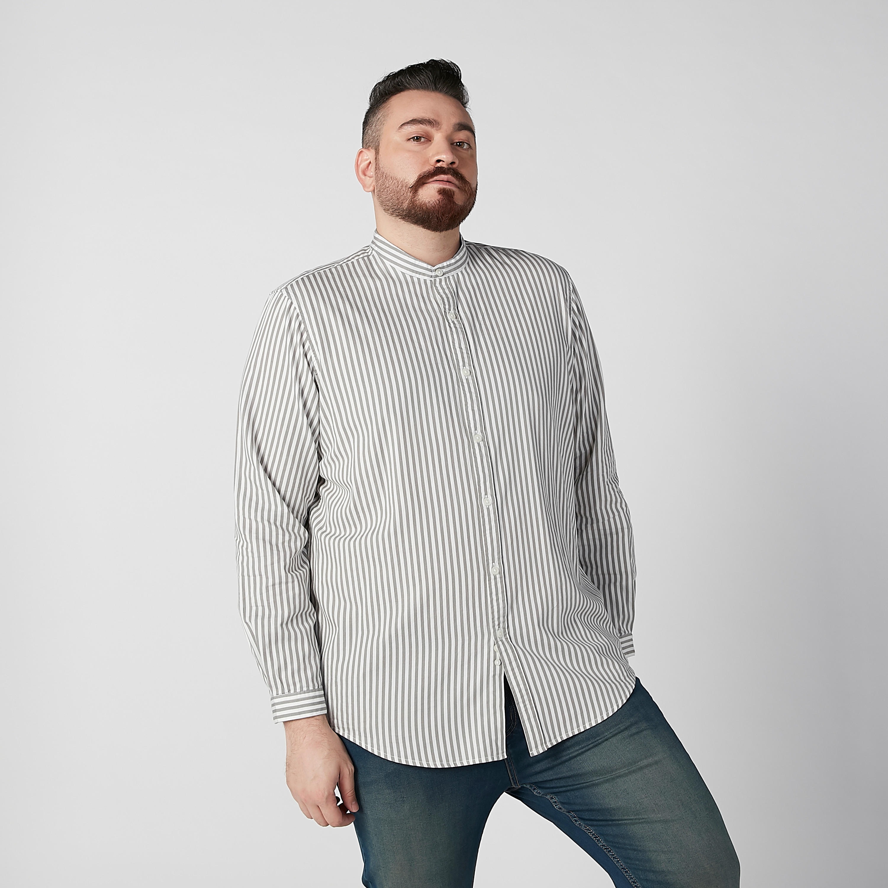 قميص مقلّم بياقة ماندارين وأكمام طويلة-men-clothing-shirts-image-1