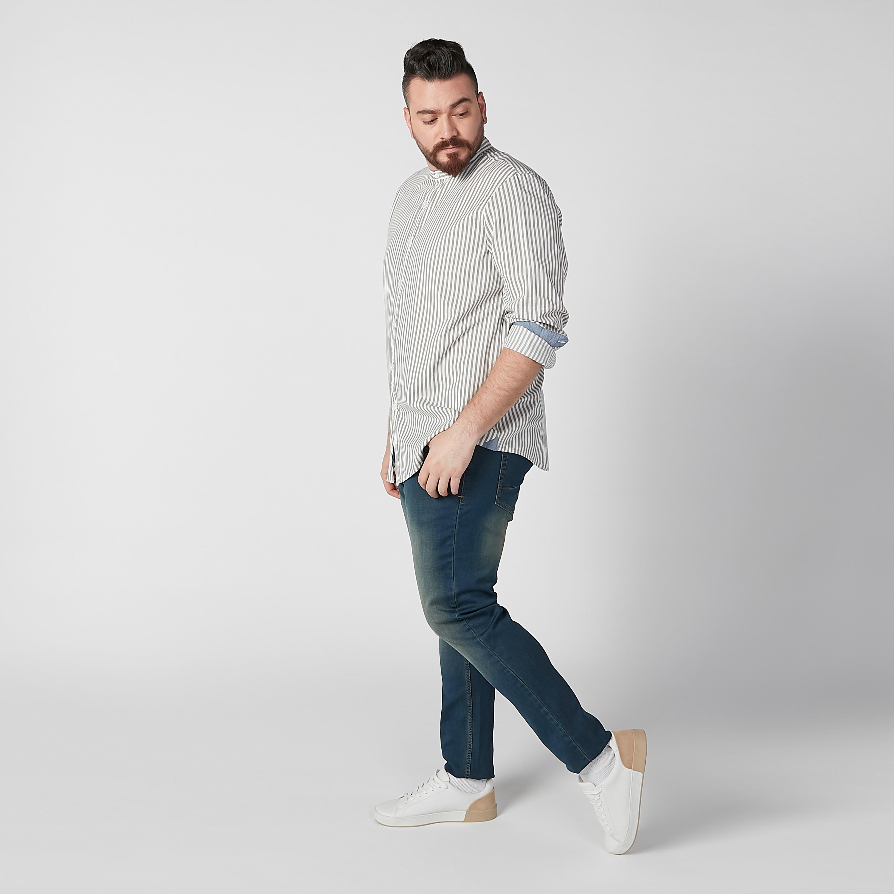 قميص مقلّم بياقة ماندارين وأكمام طويلة-men-clothing-shirts-image-2