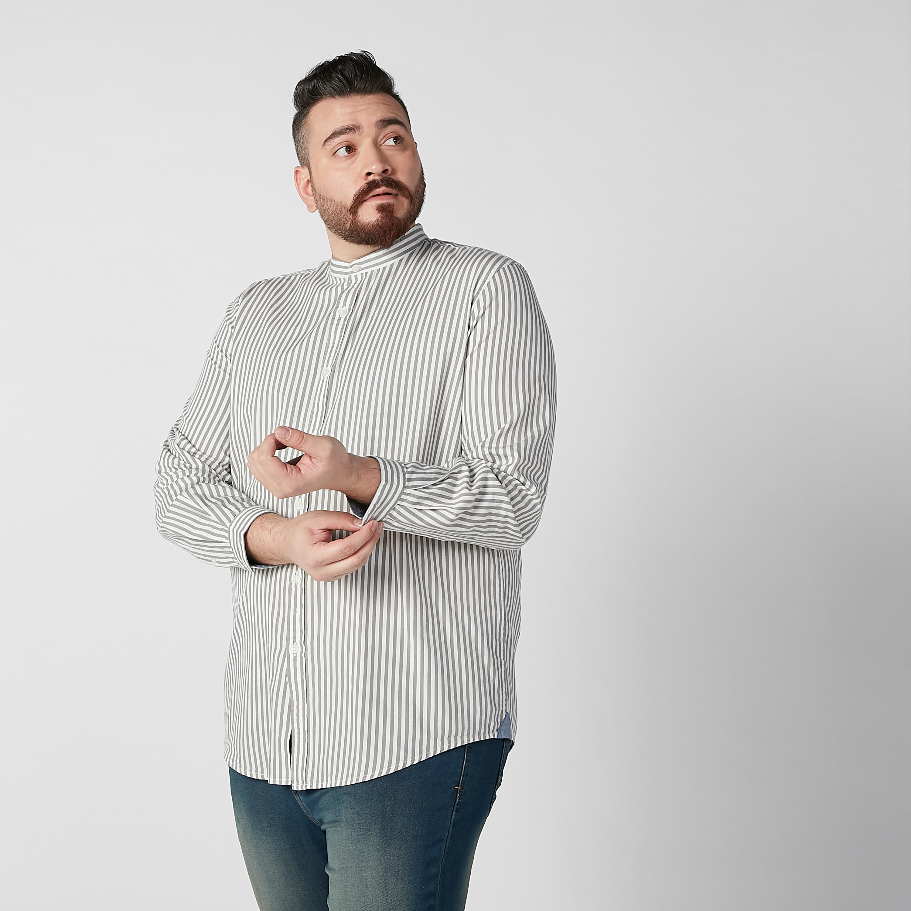 قميص مقلّم بياقة ماندارين وأكمام طويلة-men-clothing-shirts-image-3