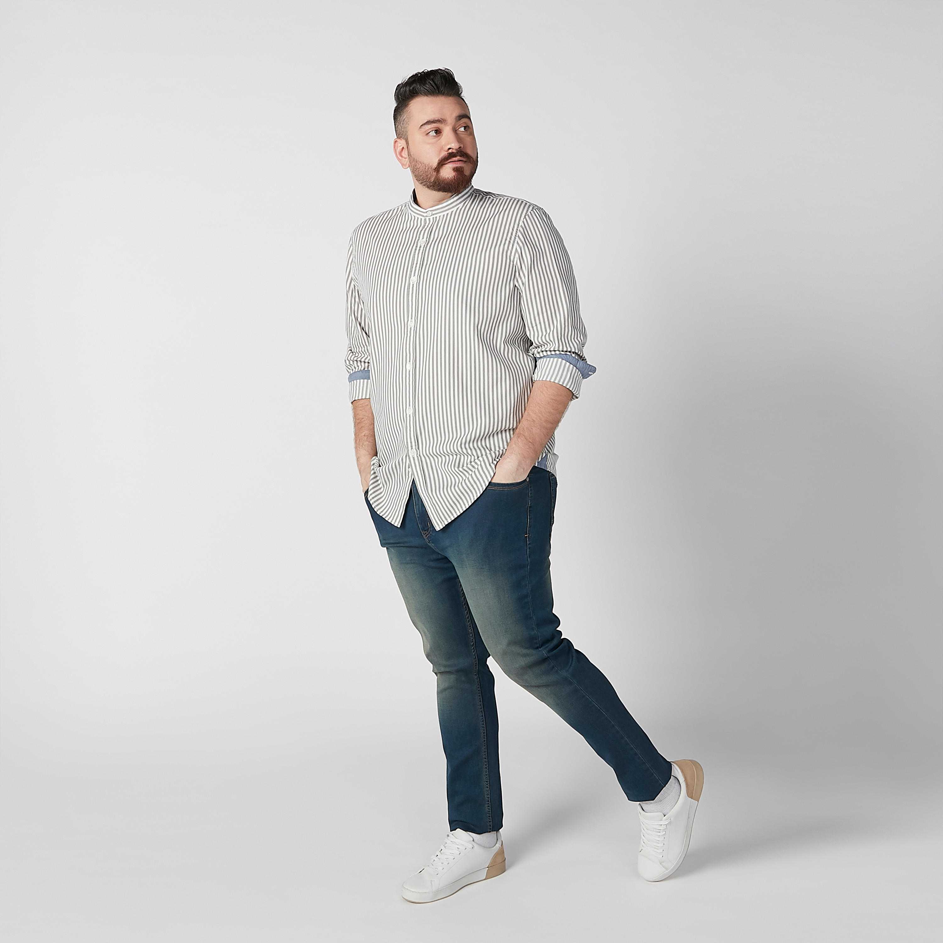 قميص مقلّم بياقة ماندارين وأكمام طويلة-men-clothing-shirts-image-5