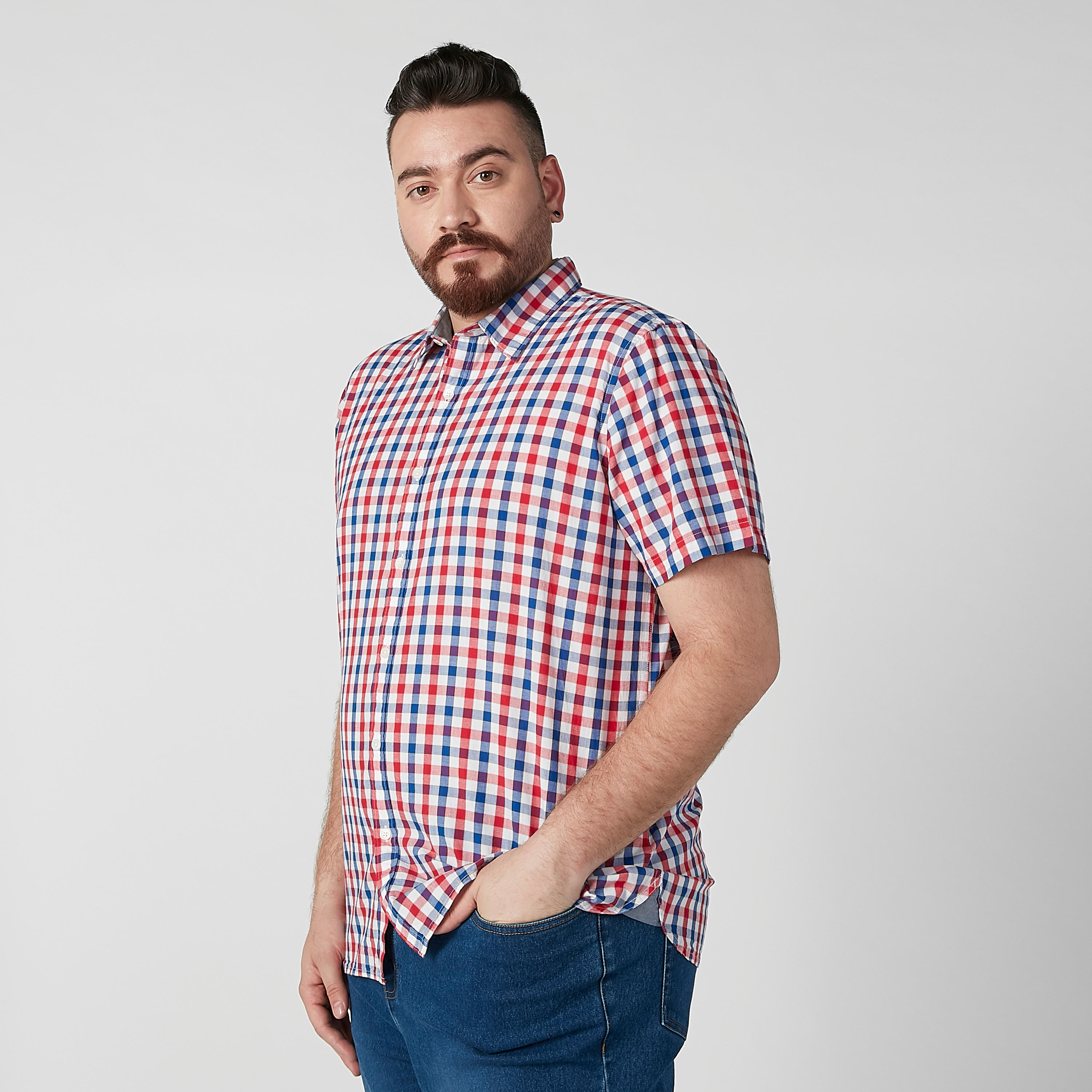 Chequered Shirt with Spread Collar and Short Sleeves-men-clothing-shirts-image-1