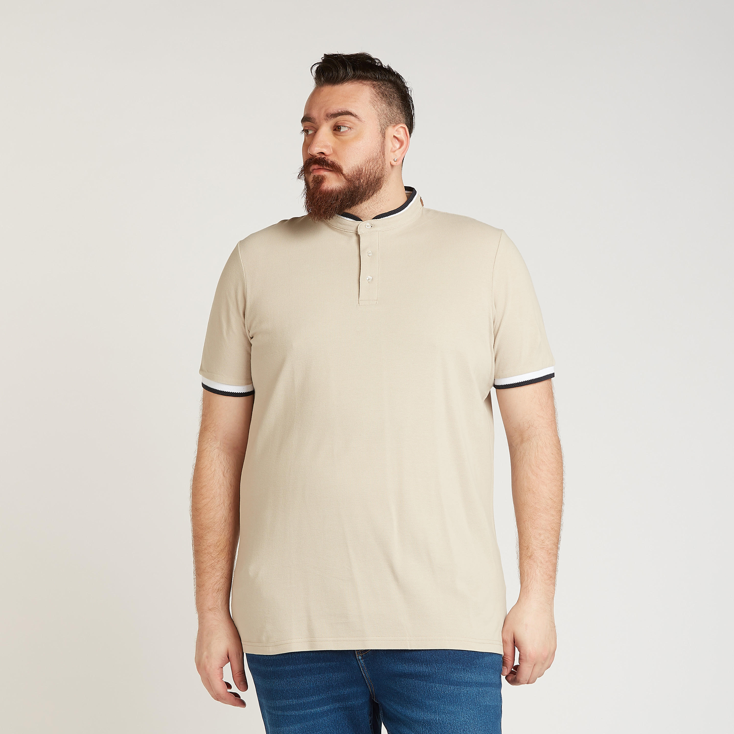 تيشيرت بولو سادة بياقة ماندارين وأكمام قصيرة-men-clothing-tshirtsandpolos-polos-image-4