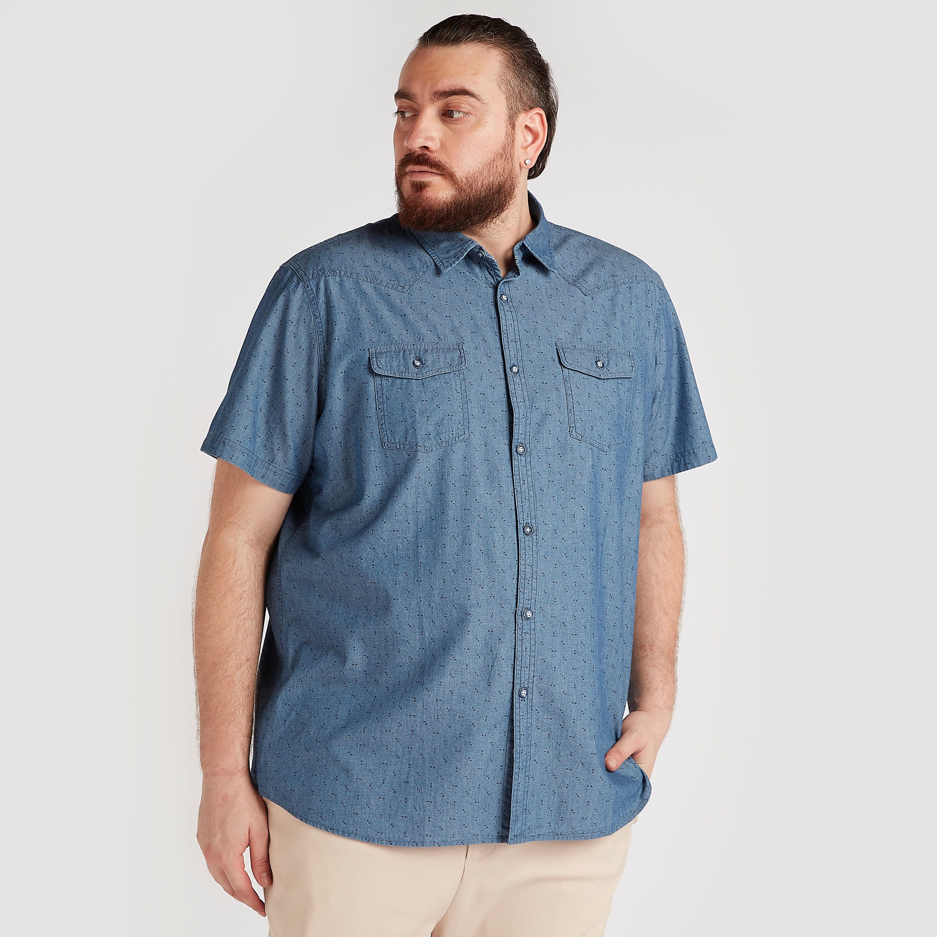 Textured Shirt with Short Sleeves and Chest Pockets-men-clothing-shirts-image-1