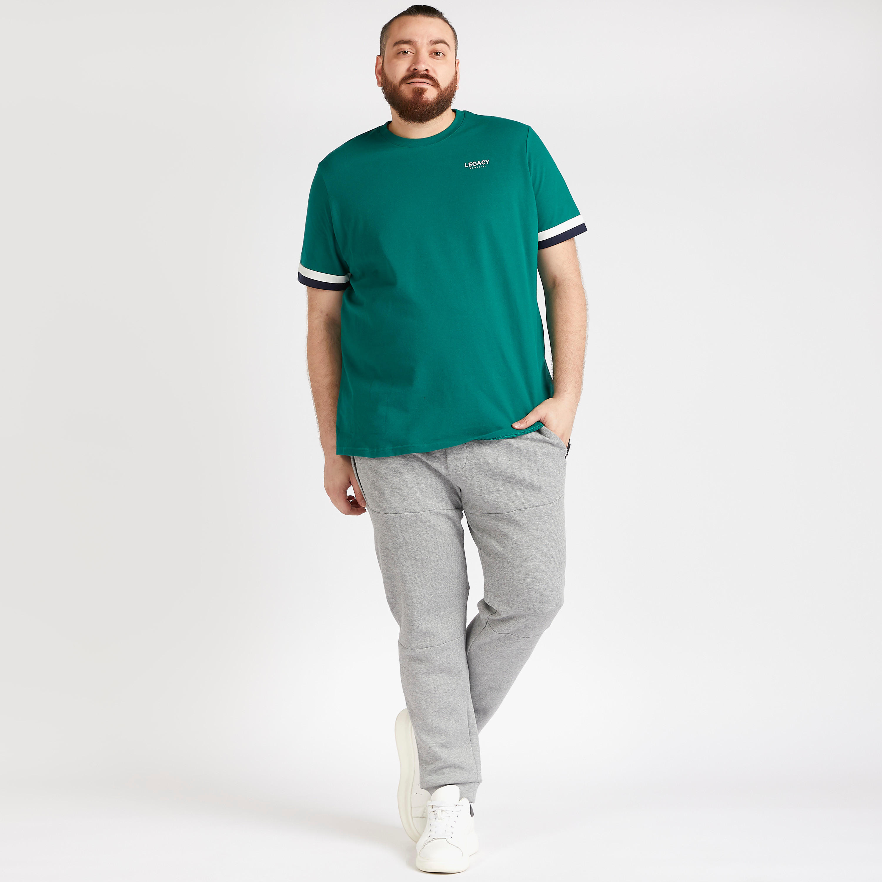 Solid T-shirt with Crew Neck and Tape Detail Sleeves-men-clothing-tshirtsandpolos-tshirts-image-2