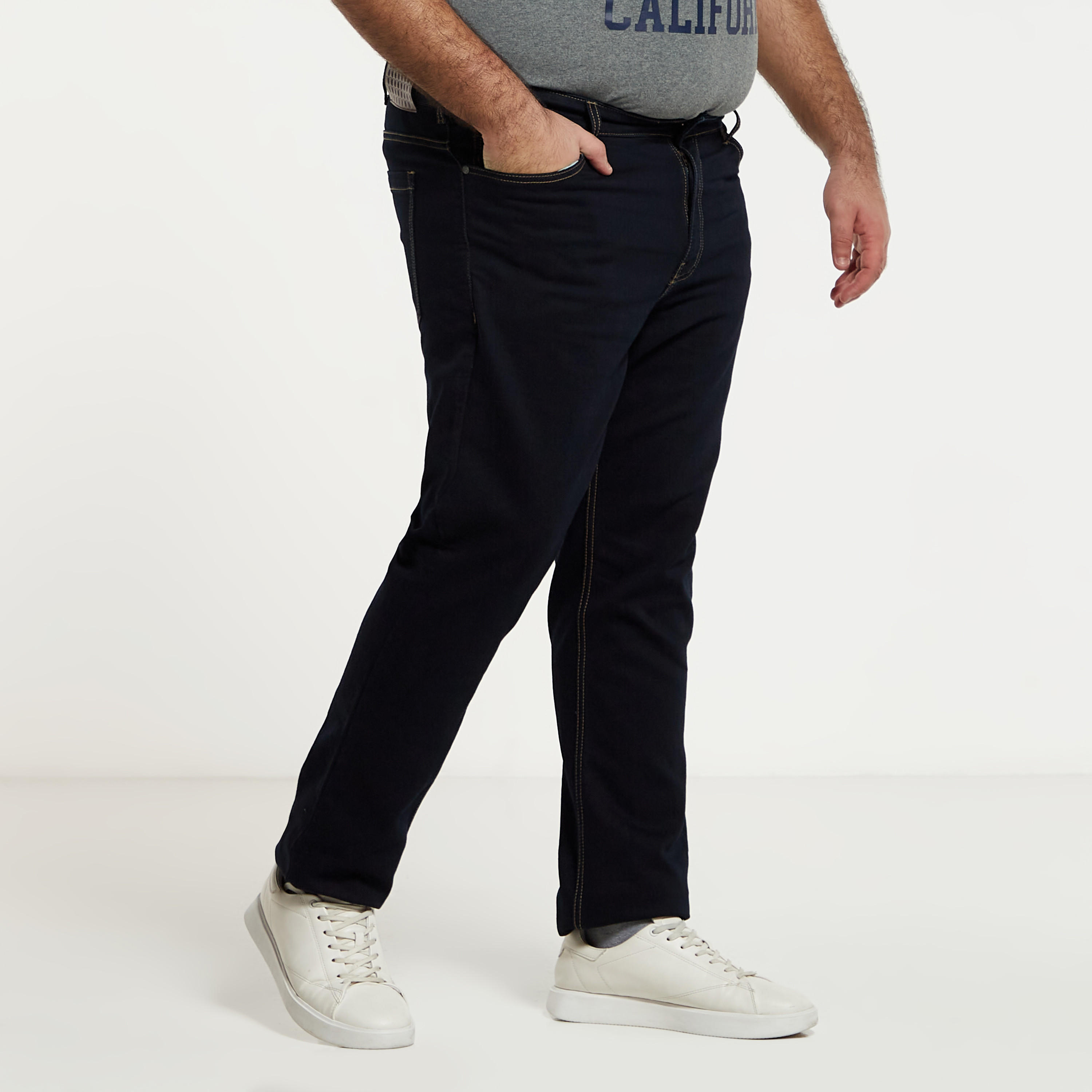 بنطلون جينز مقاس كبير سادة بقصّة مستقيمة وزر إغلاق وجيوب -men-clothing-bottoms-jeans-image-5