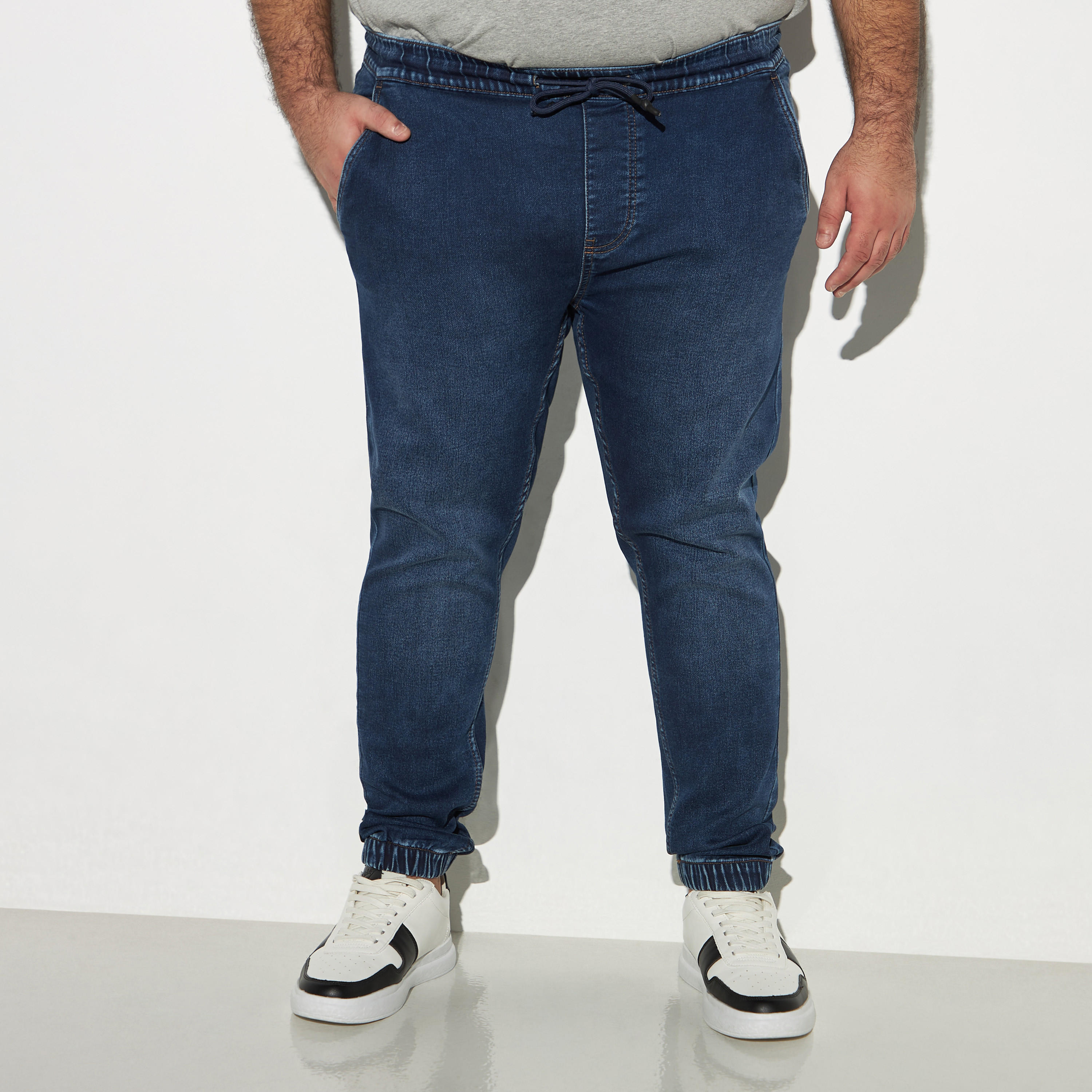Plus Size Solid Denim Joggers with Drawstring Closure and Pockets-men-clothing-bottoms-jeans-image-1