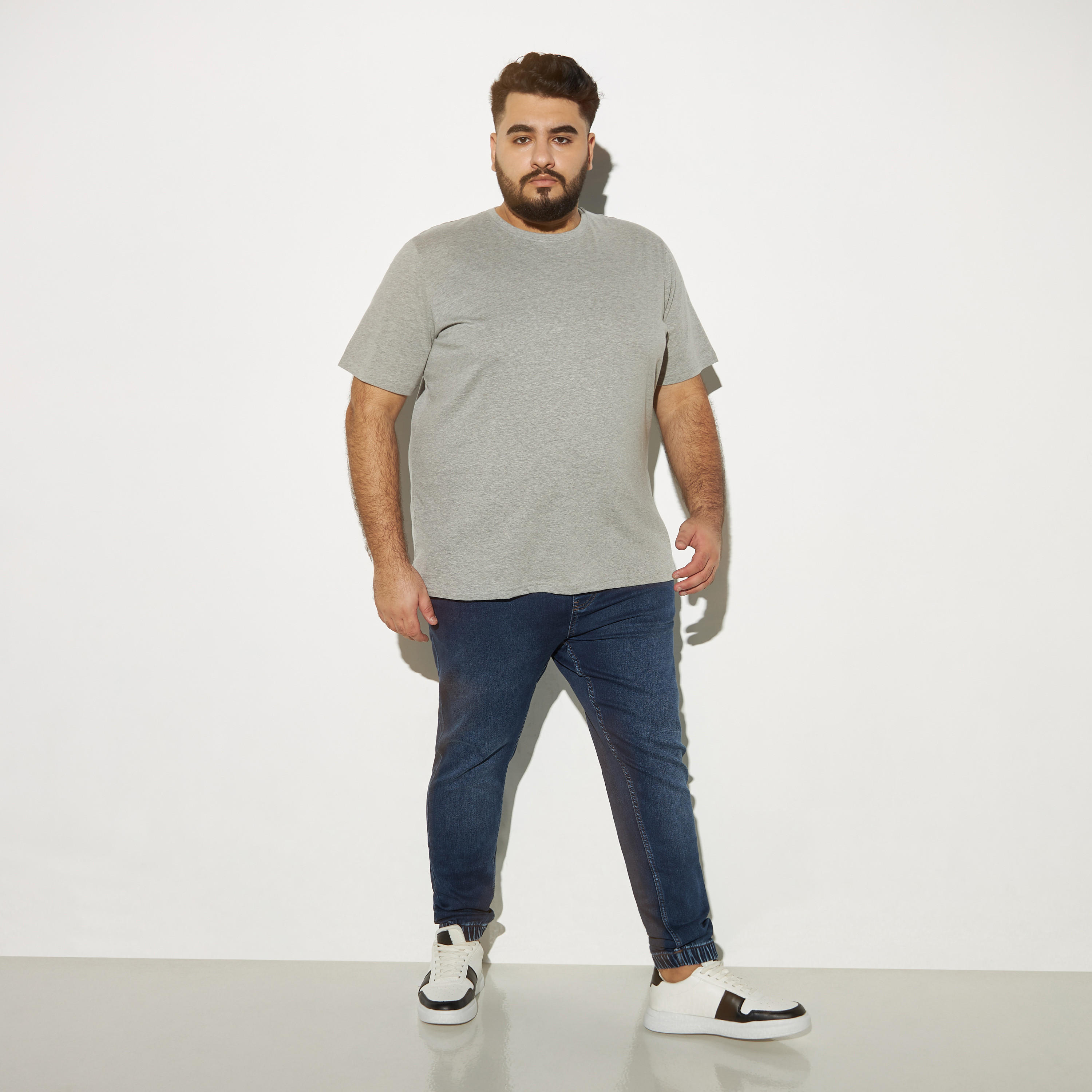 Plus Size Solid Denim Joggers with Drawstring Closure and Pockets-men-clothing-bottoms-jeans-image-4