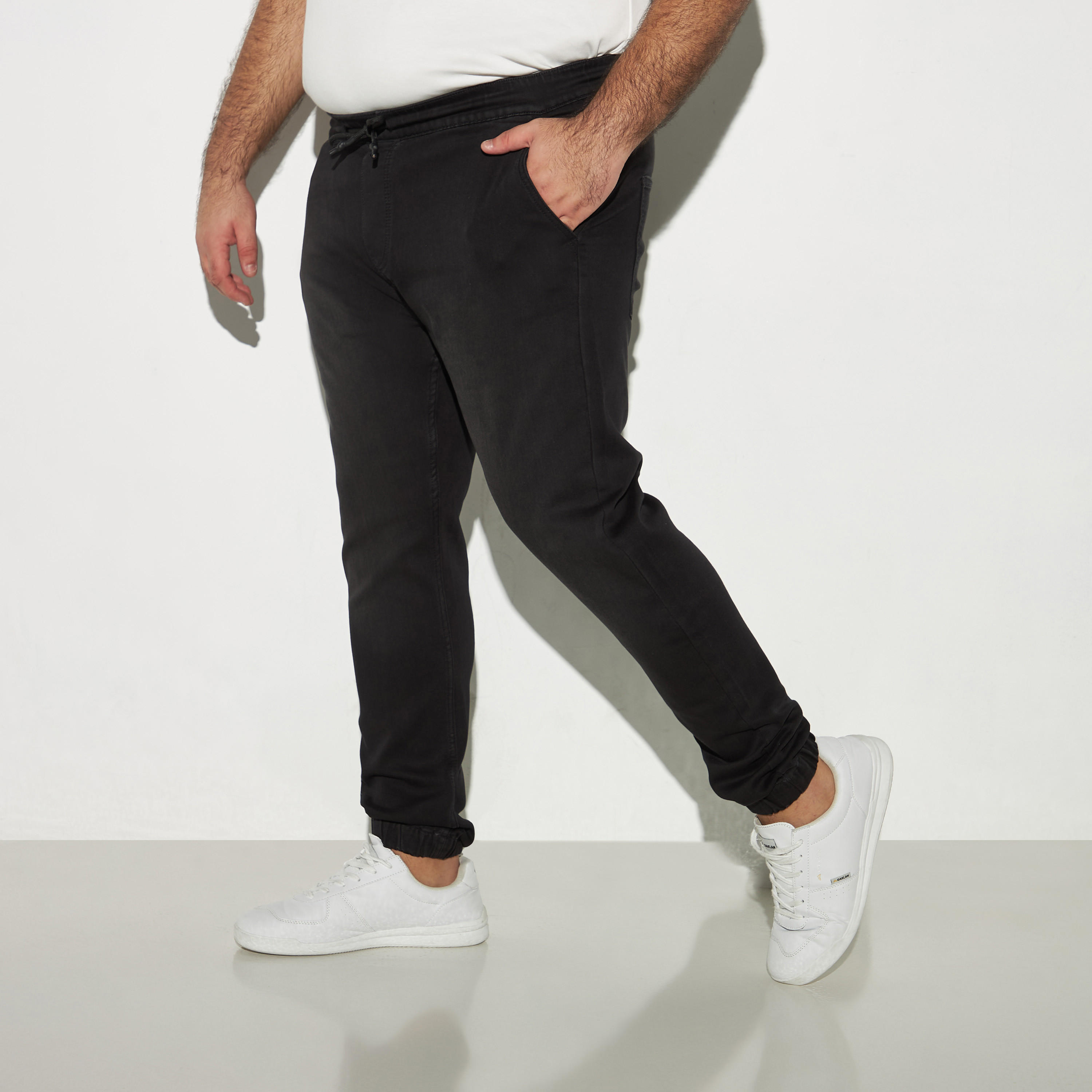 Plus Size Solid Denim Joggers with Drawstring Closure and Pockets-men-clothing-bottoms-jeans-image-1