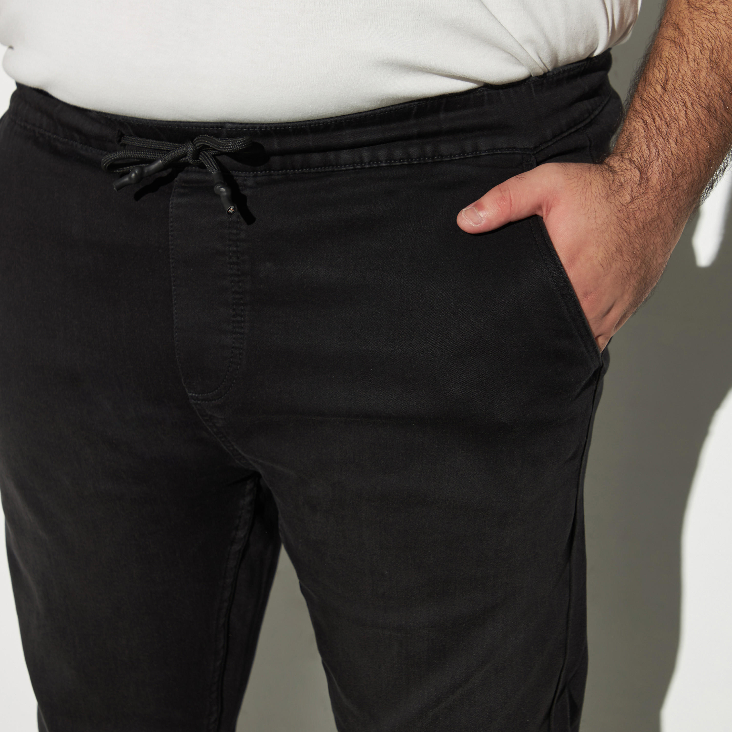 Plus Size Solid Denim Joggers with Drawstring Closure and Pockets-men-clothing-bottoms-jeans-image-4