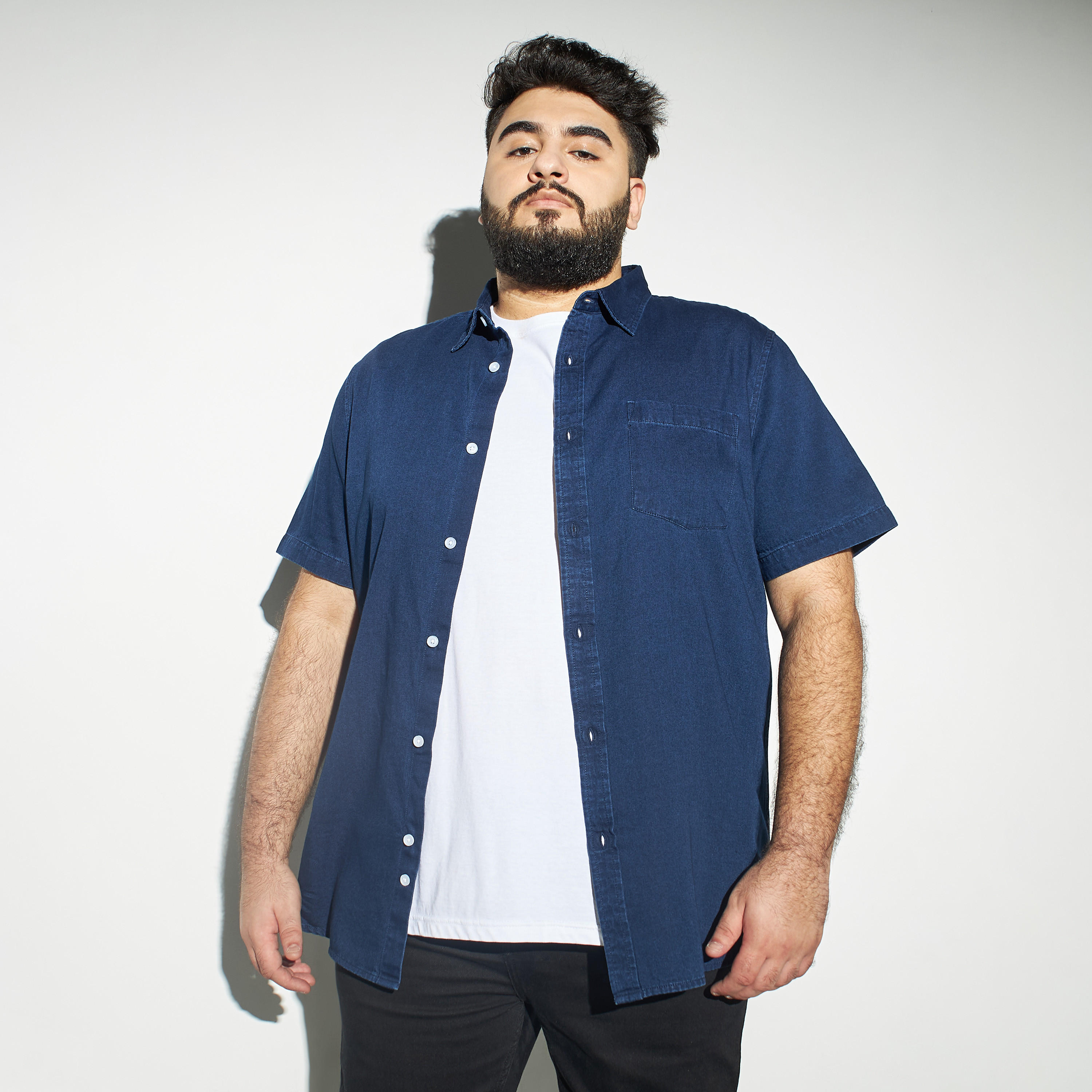 Plus Size Solid Short Sleeves Denim Shirt with Chest Pocket and Button Closure-men-clothing-shirts-image-1
