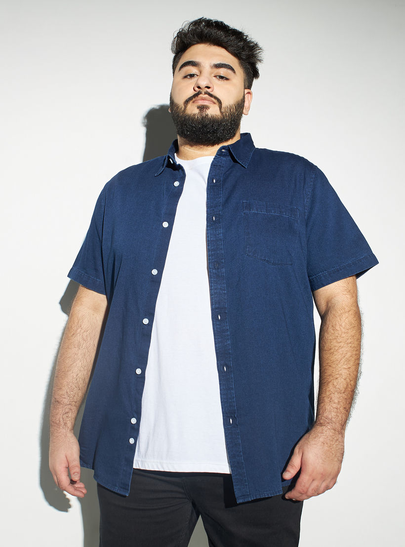 Plus Size Solid Short Sleeves Denim Shirt with Chest Pocket and Button Closure-men-clothing-shirts-image-1