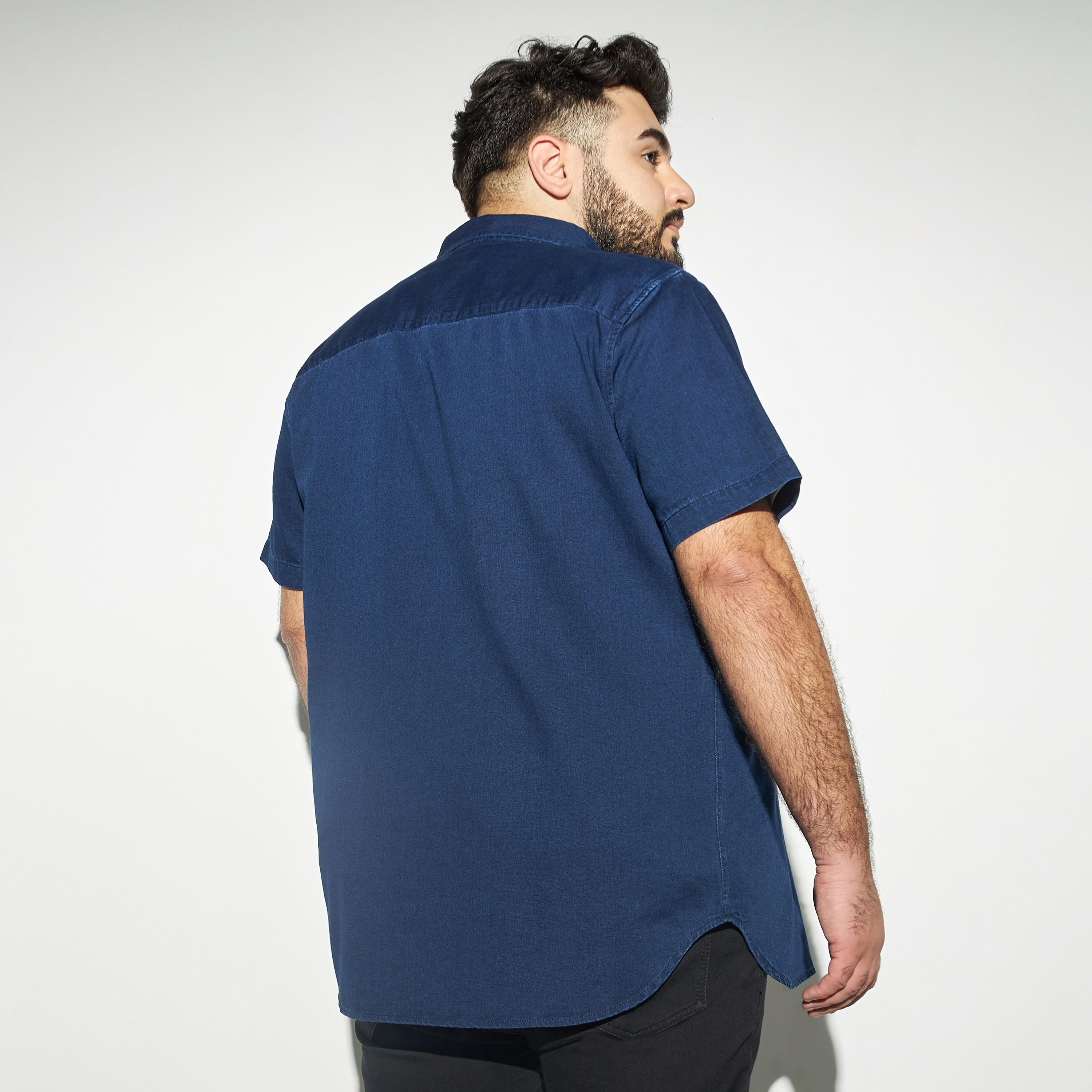 Plus Size Solid Short Sleeves Denim Shirt with Chest Pocket and Button Closure-men-clothing-shirts-image-3