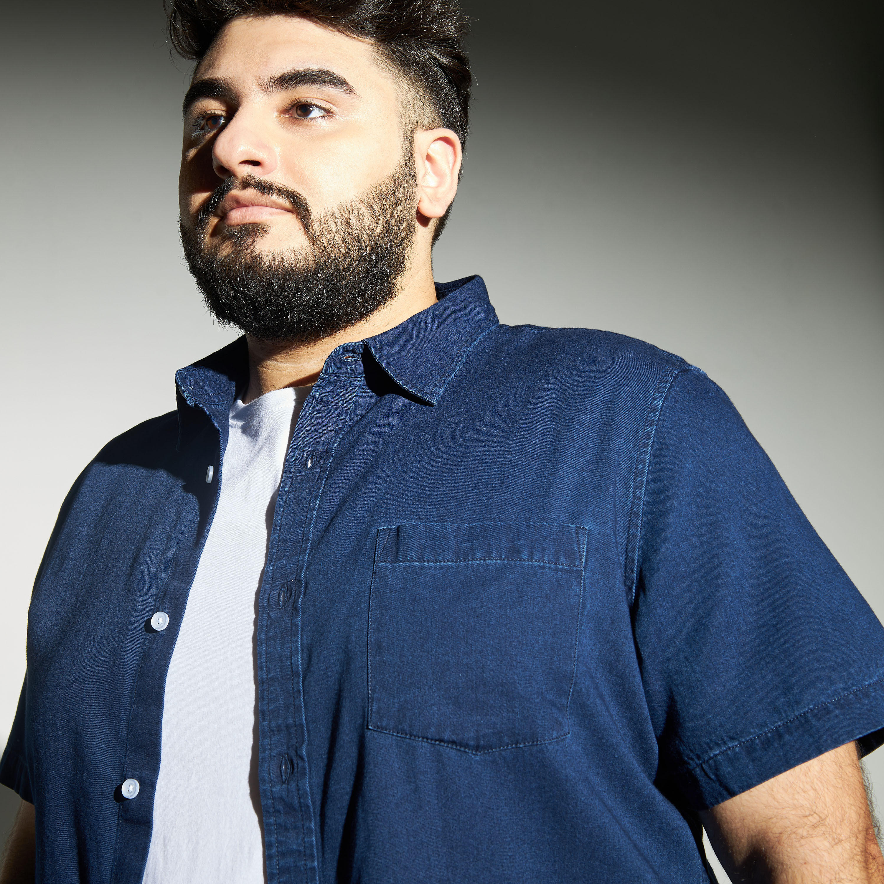 Plus Size Solid Short Sleeves Denim Shirt with Chest Pocket and Button Closure-men-clothing-shirts-image-4