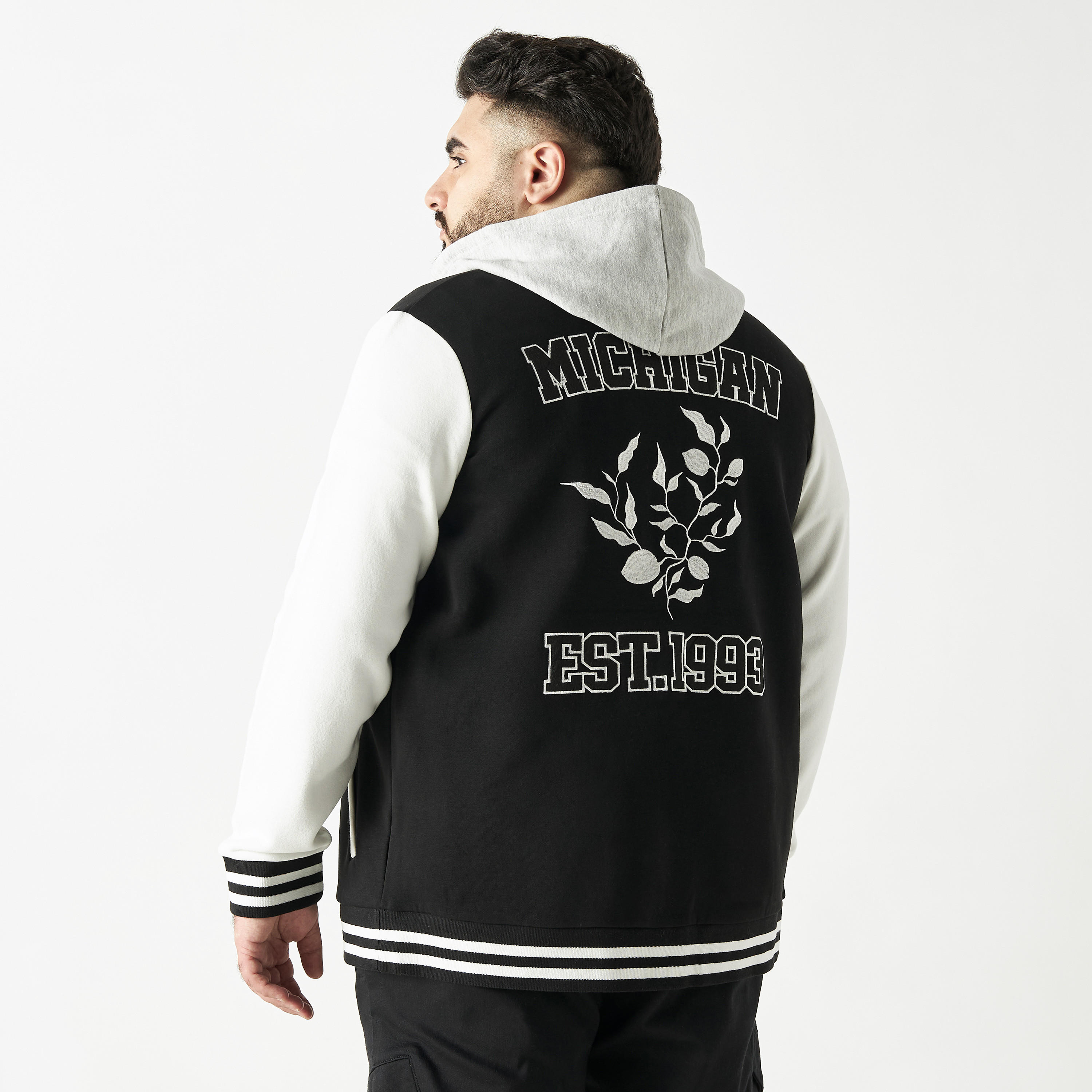 Plus Size Michigan Slogan Print Zip Through Jacket with Hood and Long Sleeves-men-clothing-jacketsandblazers-jackets-image-1