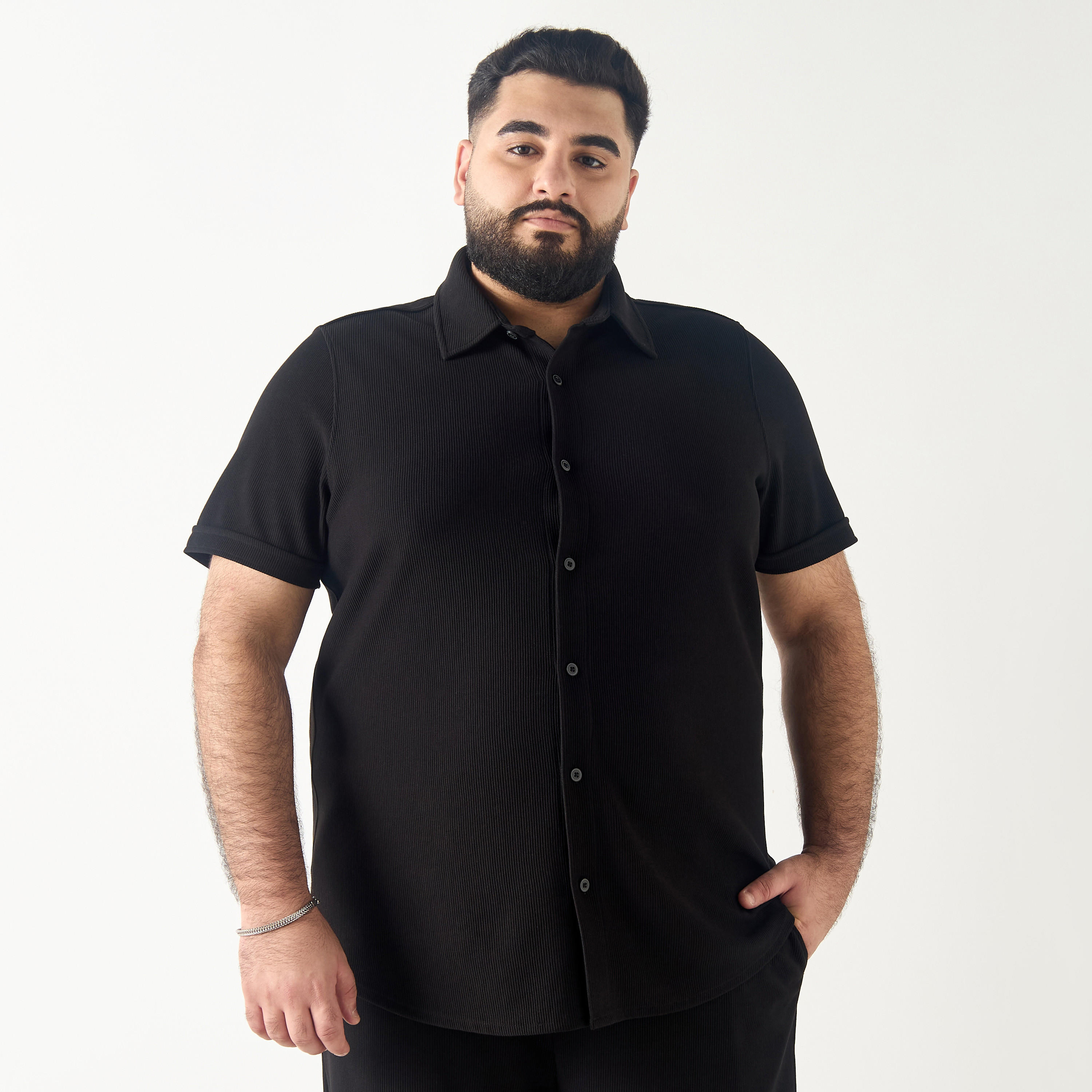 Plus Size Regular Fit Ribbed Collared Shirt with Short Sleeves-men-clothing-shirts-image-1