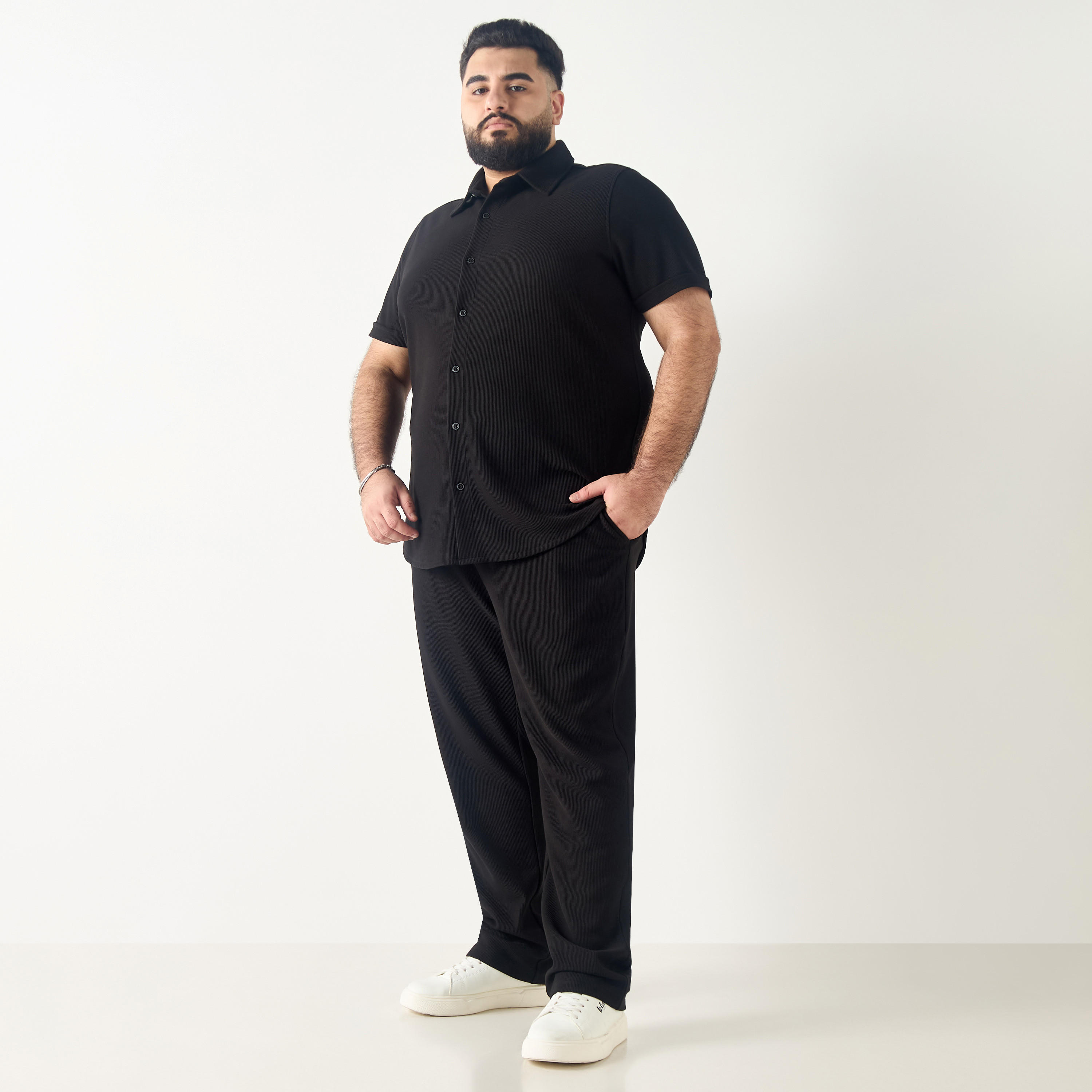 Plus Size Regular Fit Ribbed Collared Shirt with Short Sleeves-men-clothing-shirts-image-2