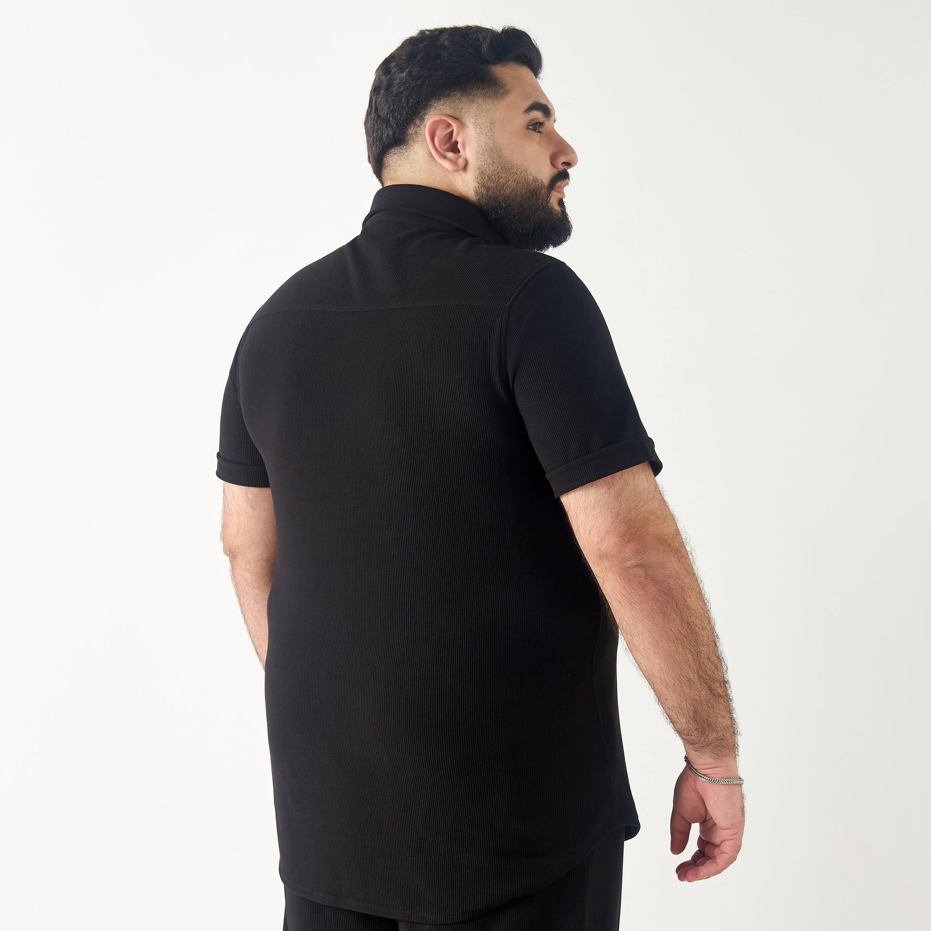Plus Size Regular Fit Ribbed Collared Shirt with Short Sleeves-men-clothing-shirts-image-3