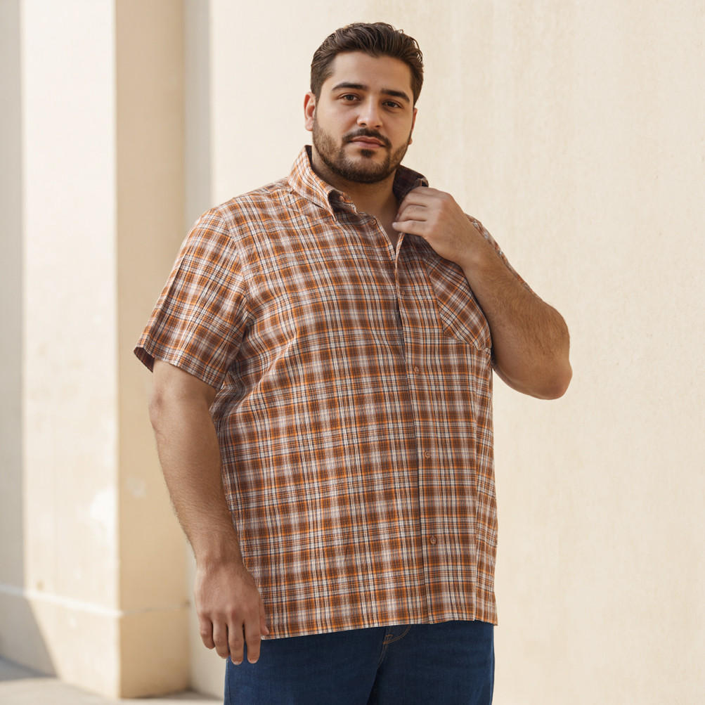 قميص كاروهات بأكمام قصيرة وقصة عادية مقاس كبير-men-clothing-shirts-image-5