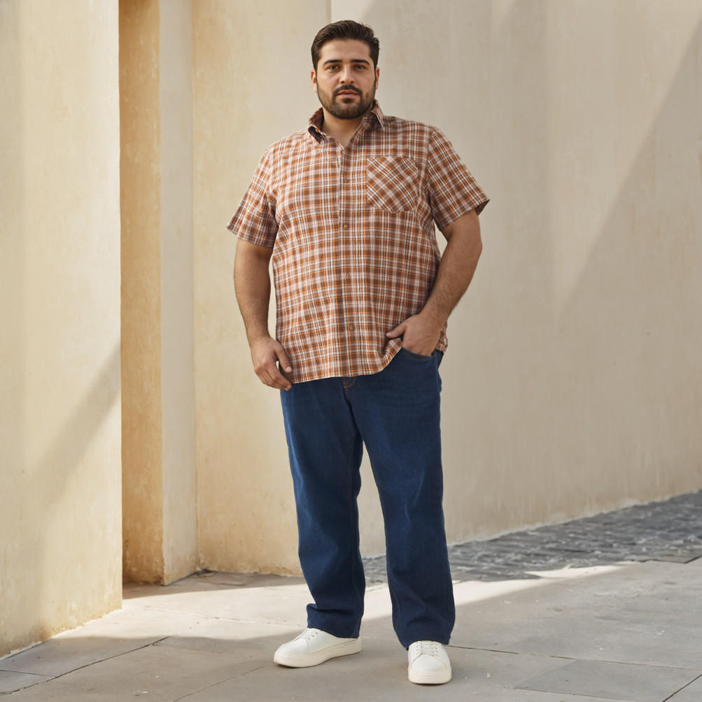 قميص كاروهات بأكمام قصيرة وقصة عادية مقاس كبير-men-clothing-shirts-image-4