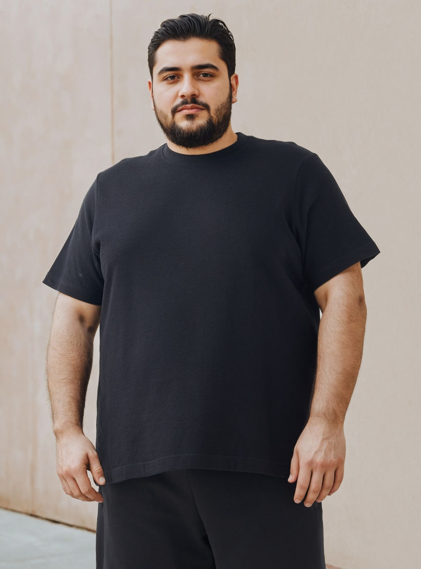 تيشيرت جاكار بارز الملمس مقاس كبير بياقة ضيقة-men-clothing-tshirtsandpolos-tshirts-image-1
