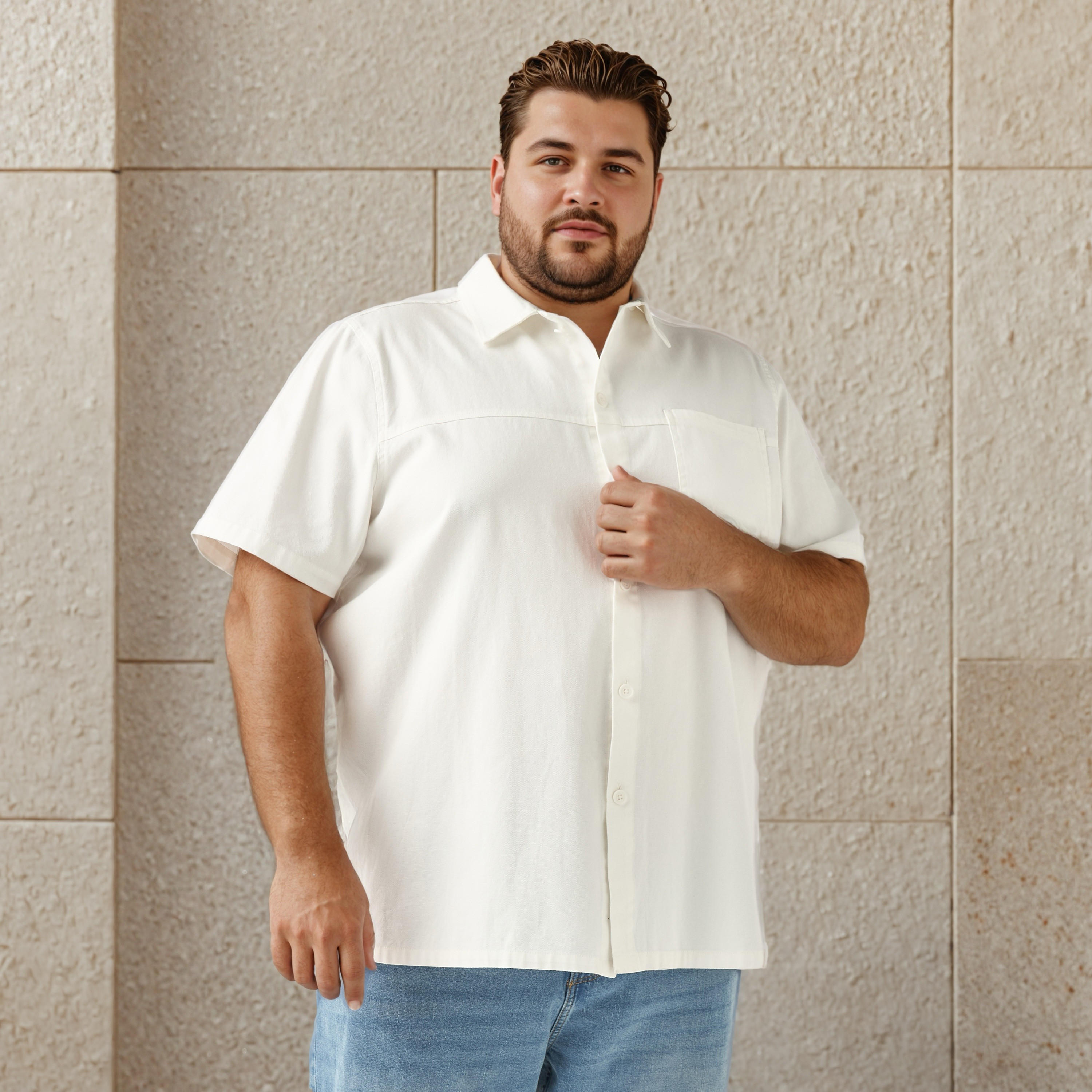 Plus Size Regular Fit Twill Shirt with Short Sleeves-men-clothing-shirts-image-1