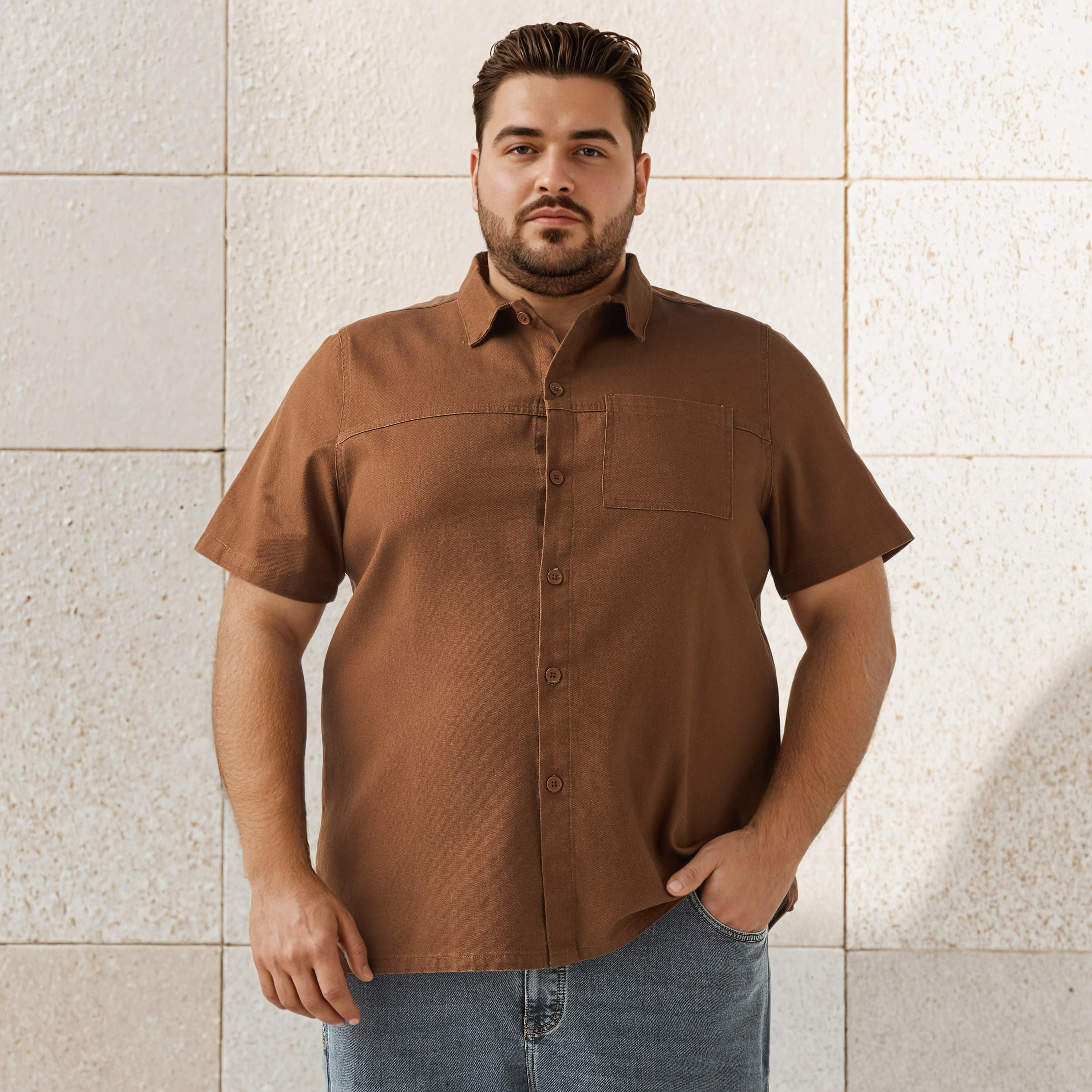 Plus Size Regular Fit Twill Shirt with Short Sleeves-men-clothing-shirts-image-1