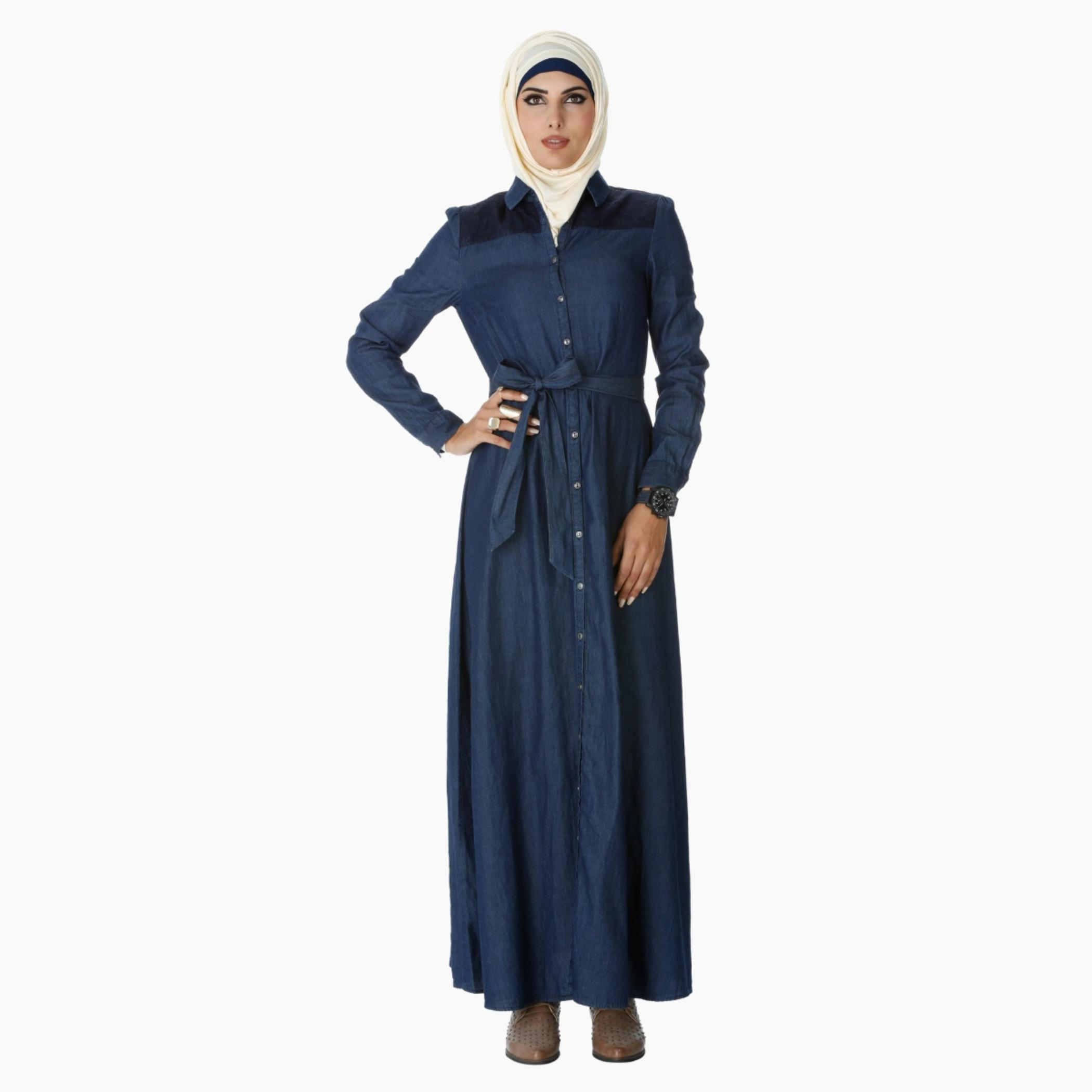 Denim Maxi Shirt Dress with Long Sleeves-women-clothing-dresses-image-1