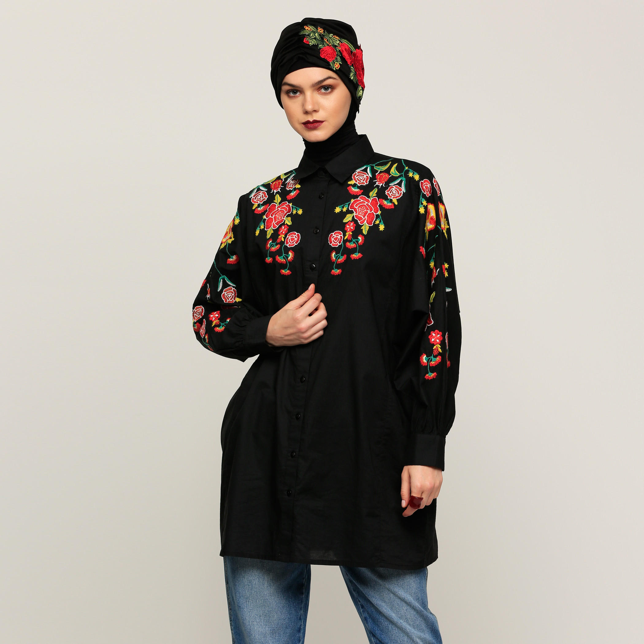 Embroidered Oversized Shirt with Long Sleeves-women-clothing-shirtsandblouses-shirts-image-1