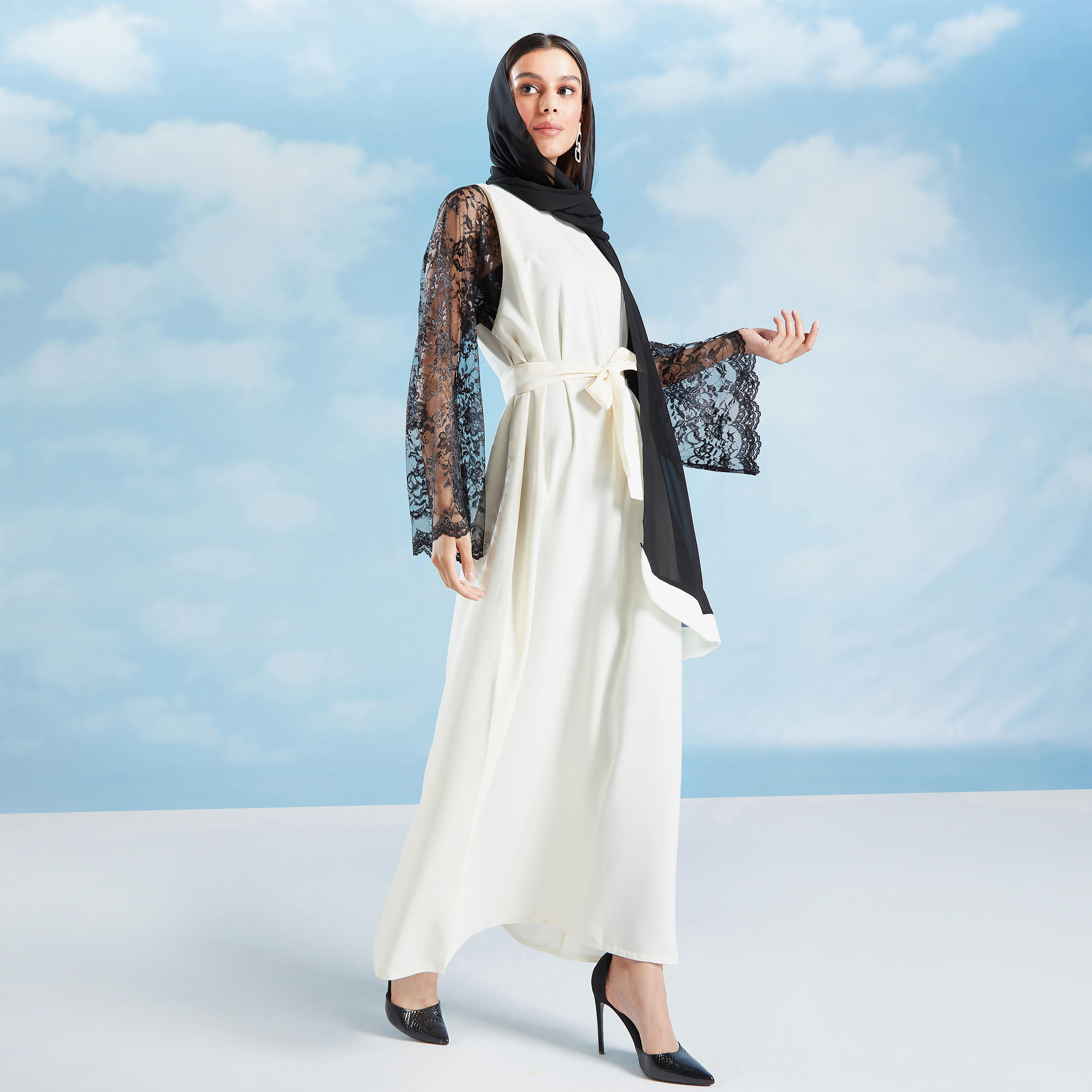 Solid Abaya with Lace Flared Sleeves and Tie Ups-women-arabicclothing-abayas-image-1