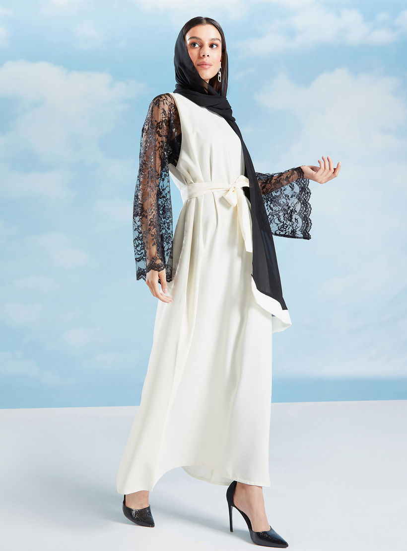 Solid Abaya with Lace Flared Sleeves and Tie Ups-women-arabicclothing-abayas-image-1