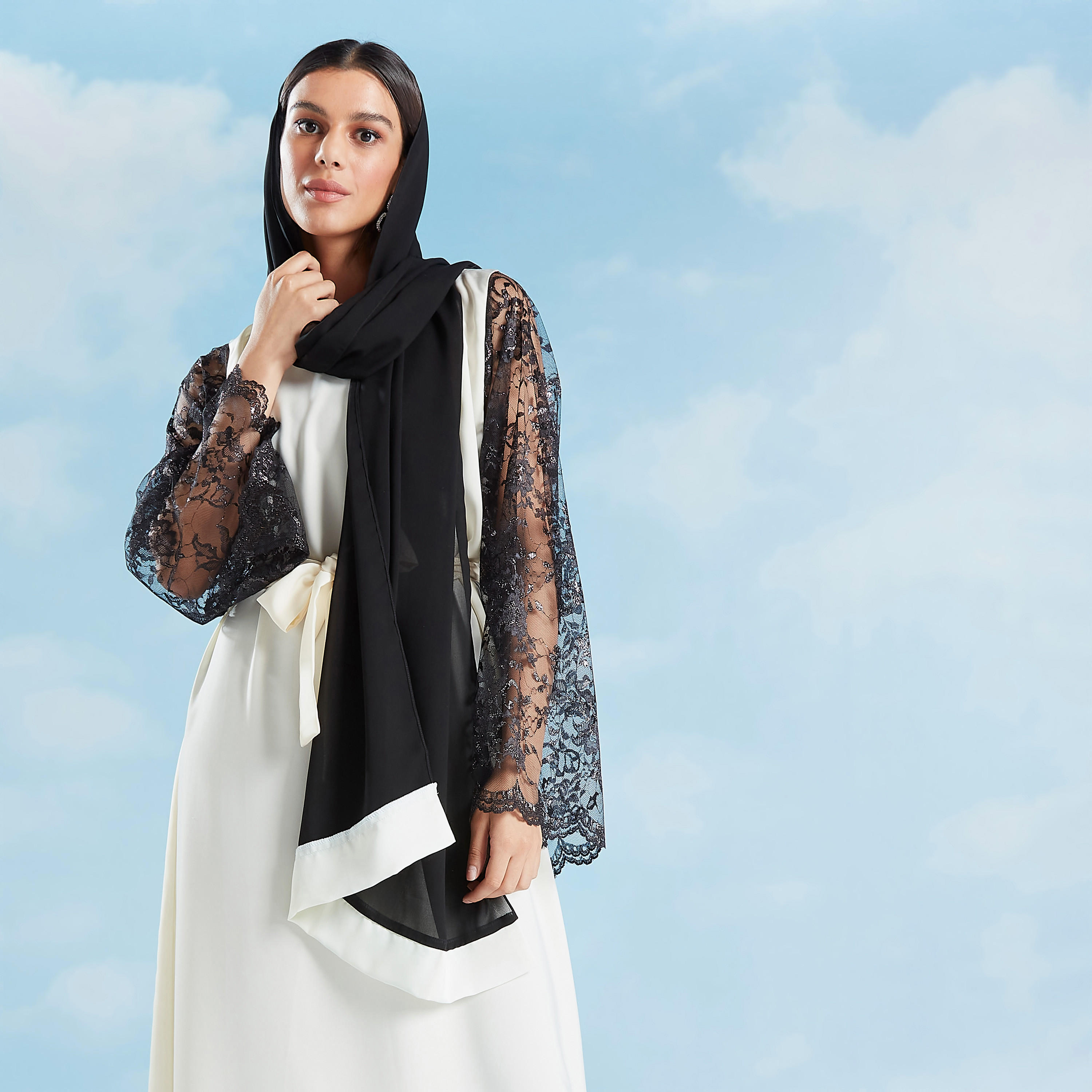 Solid Abaya with Lace Flared Sleeves and Tie Ups-women-arabicclothing-abayas-image-6
