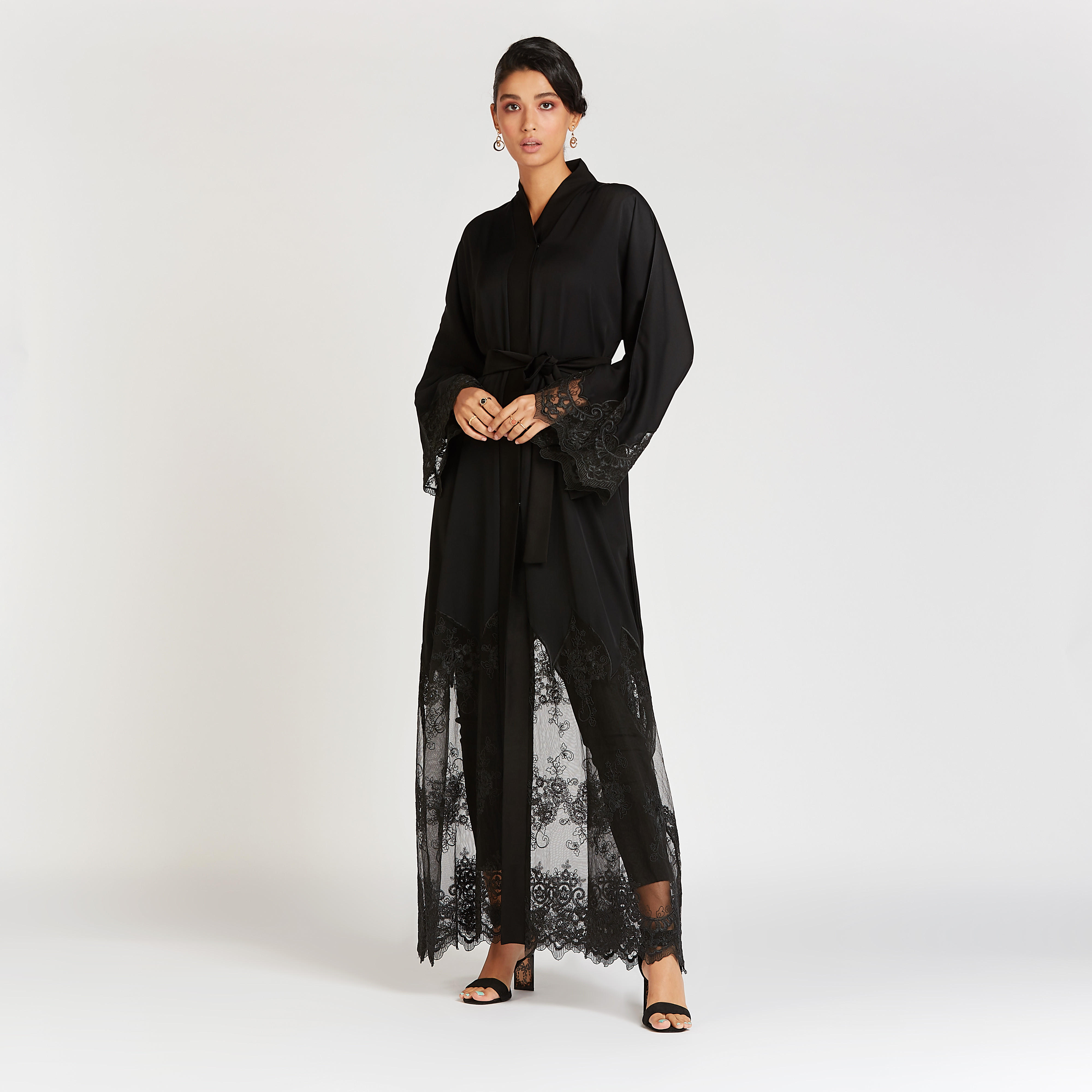 Lace Abaya with Flared Sleeves and Tie Ups-women-arabicclothing-abayas-image-1