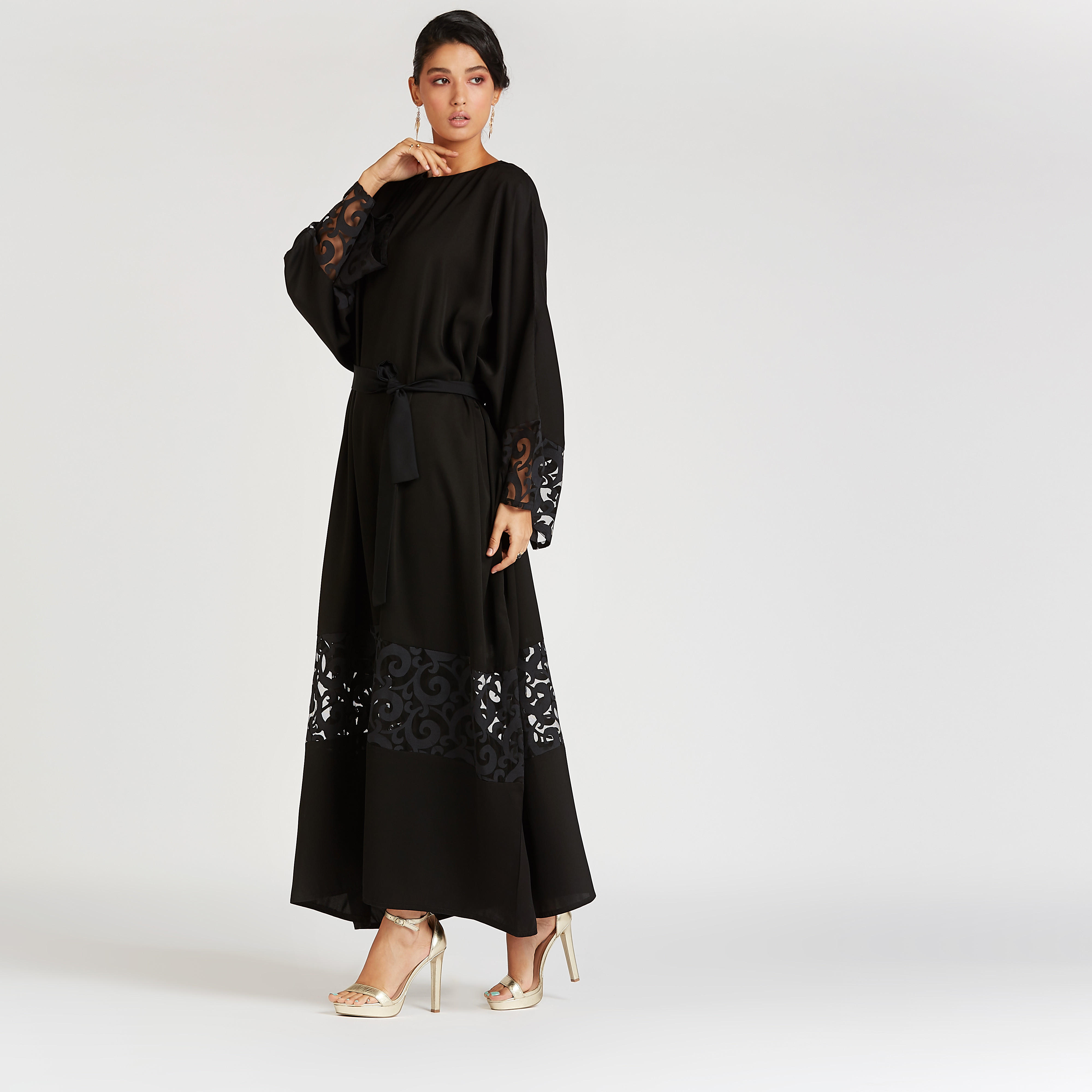 Solid Abaya with Lace Flared Sleeves and Tie Ups-women-arabicclothing-abayas-image-1