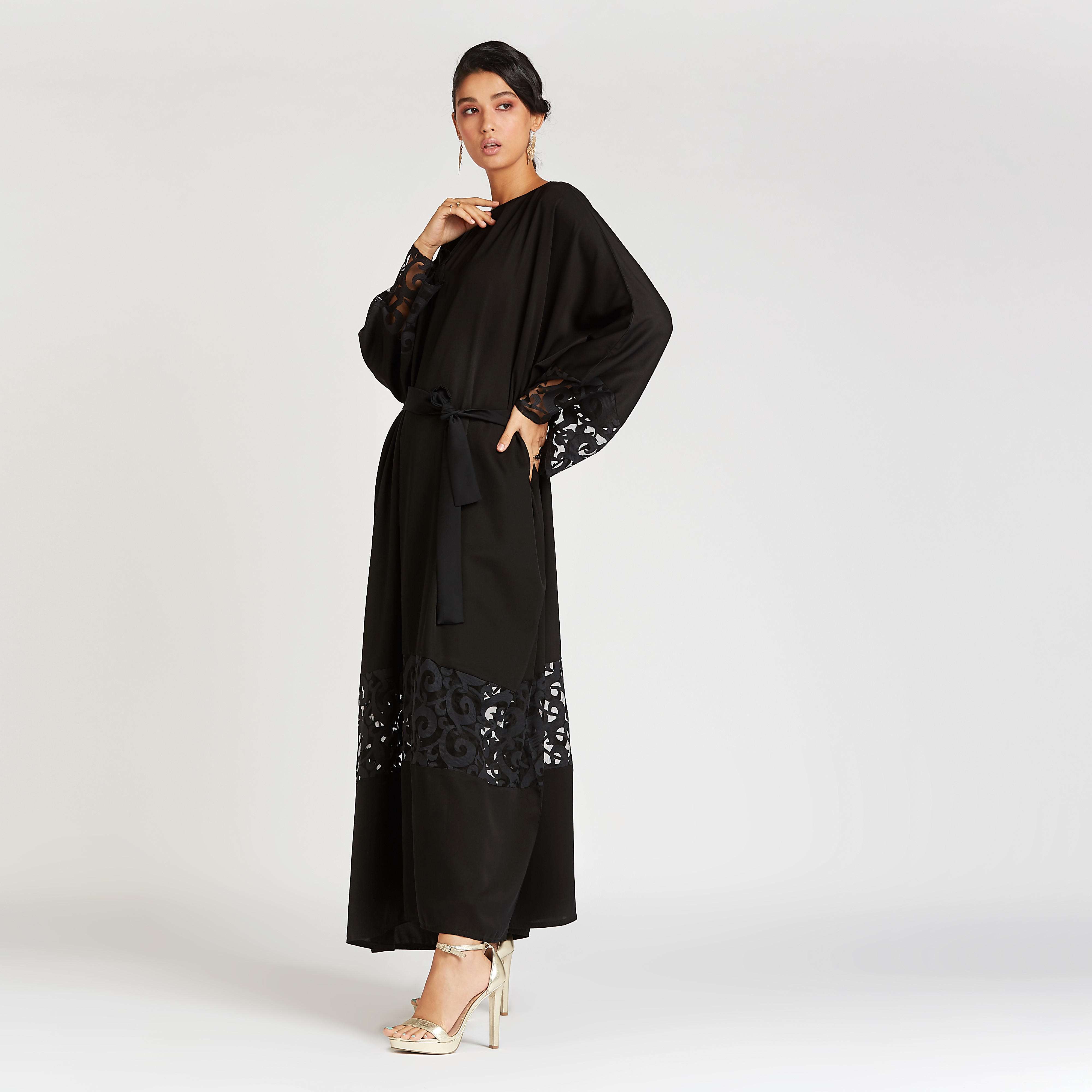 Solid Abaya with Lace Flared Sleeves and Tie Ups-women-arabicclothing-abayas-image-2