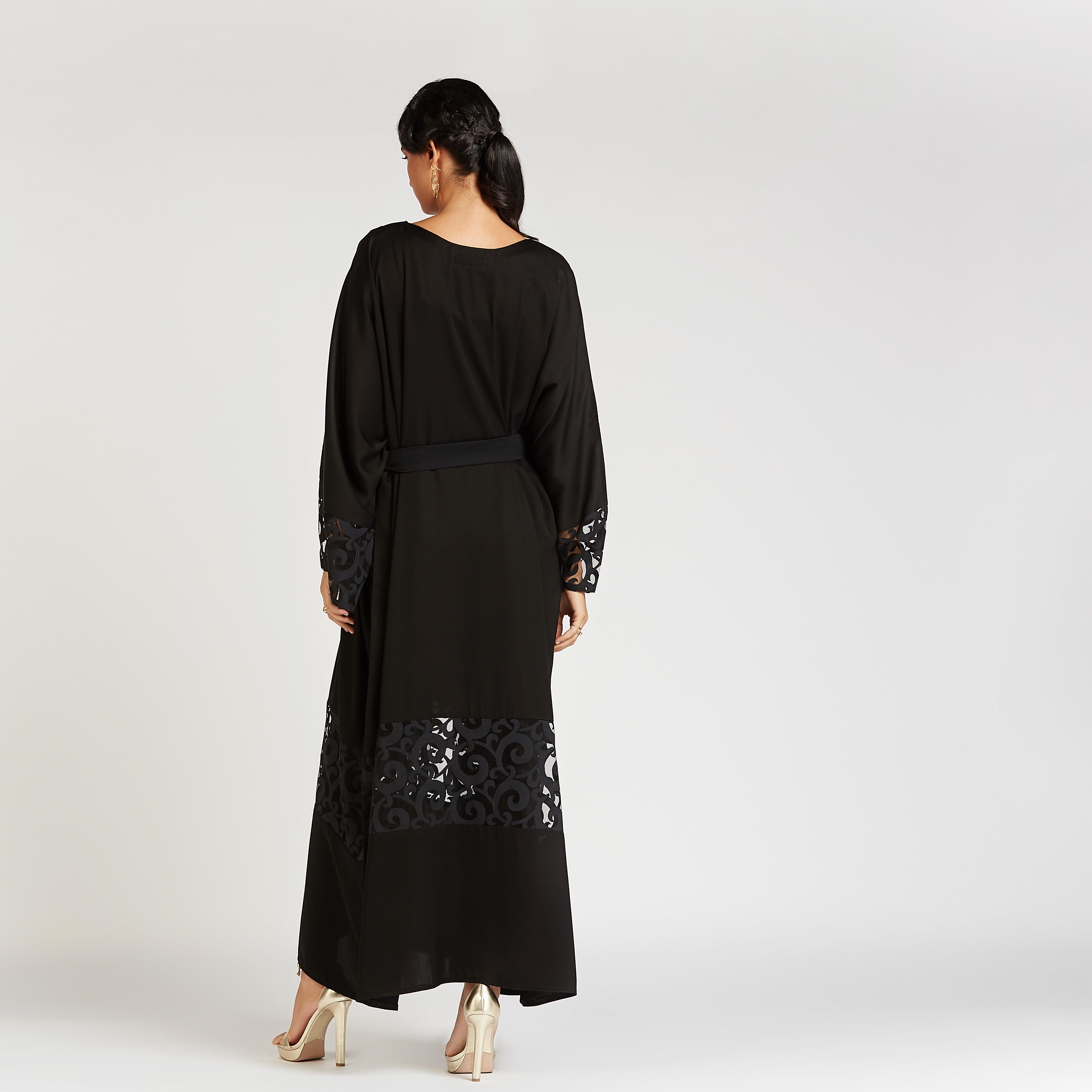 Solid Abaya with Lace Flared Sleeves and Tie Ups-women-arabicclothing-abayas-image-3