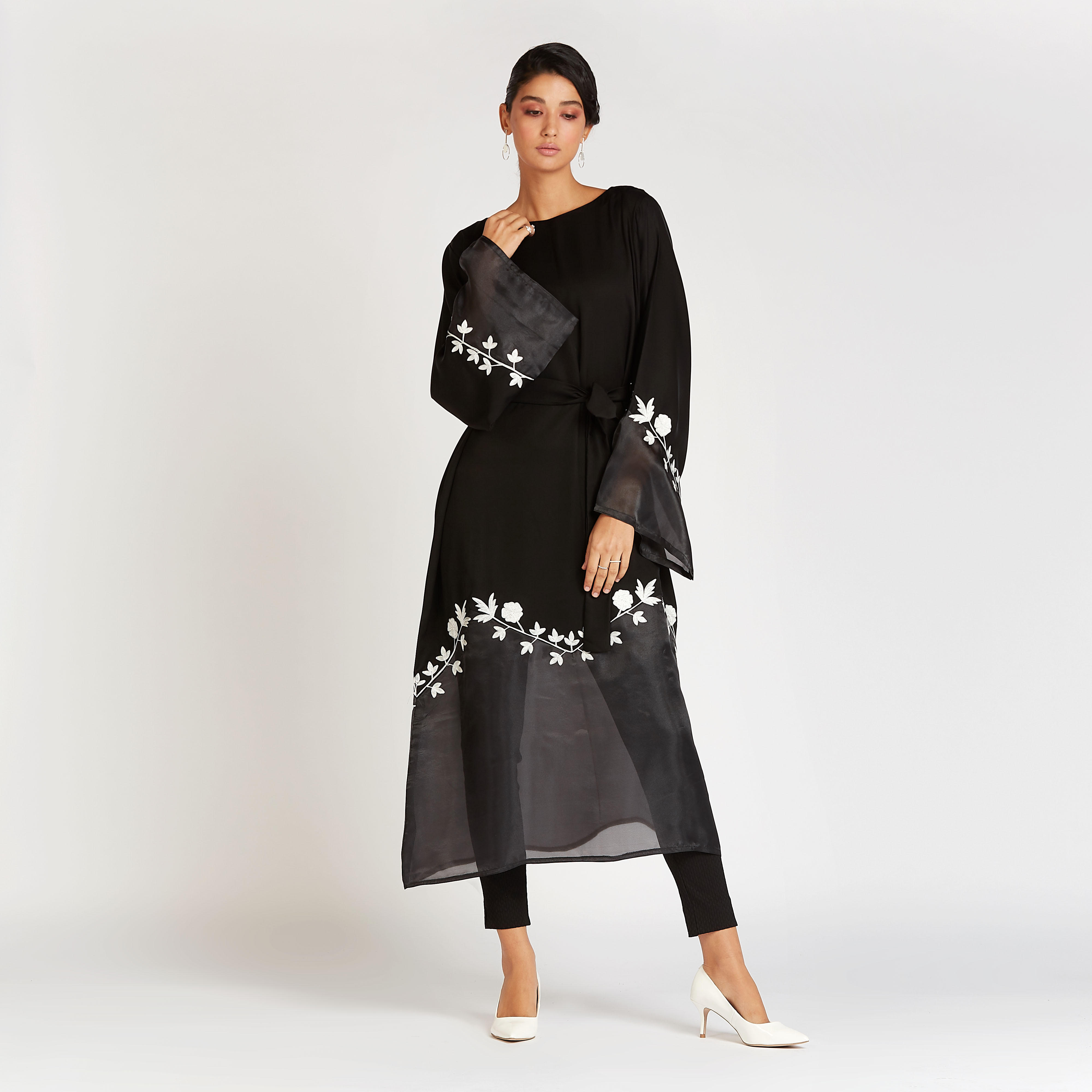 Embroidered Abaya with Flared Sleeves and Tie Ups-women-arabicclothing-abayas-image-1