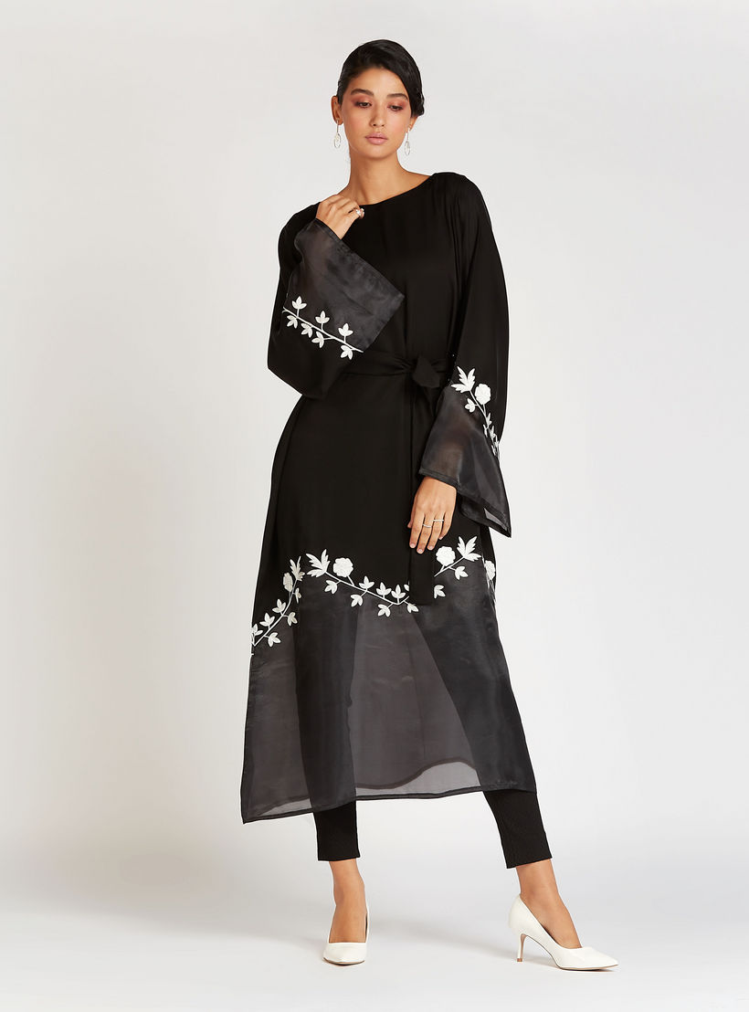 Embroidered Abaya with Flared Sleeves and Tie Ups-women-arabicclothing-abayas-image-1