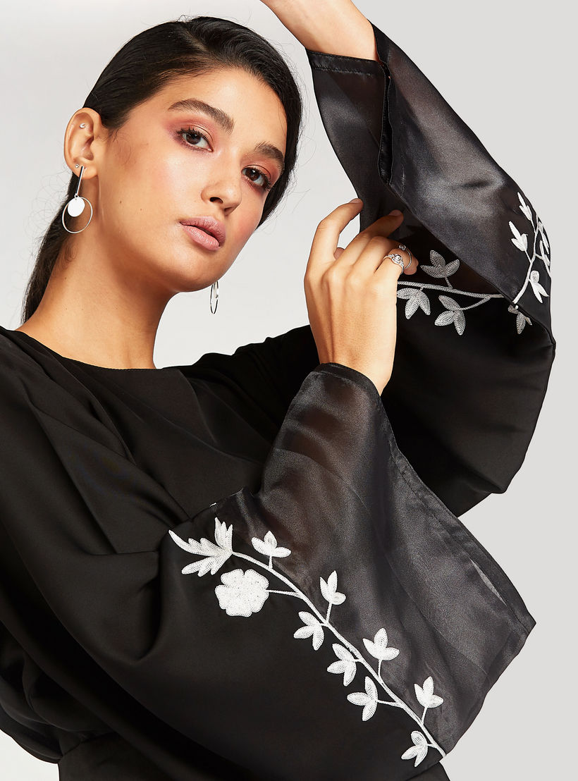 Embroidered Abaya with Flared Sleeves and Tie Ups-women-arabicclothing-abayas-image-3