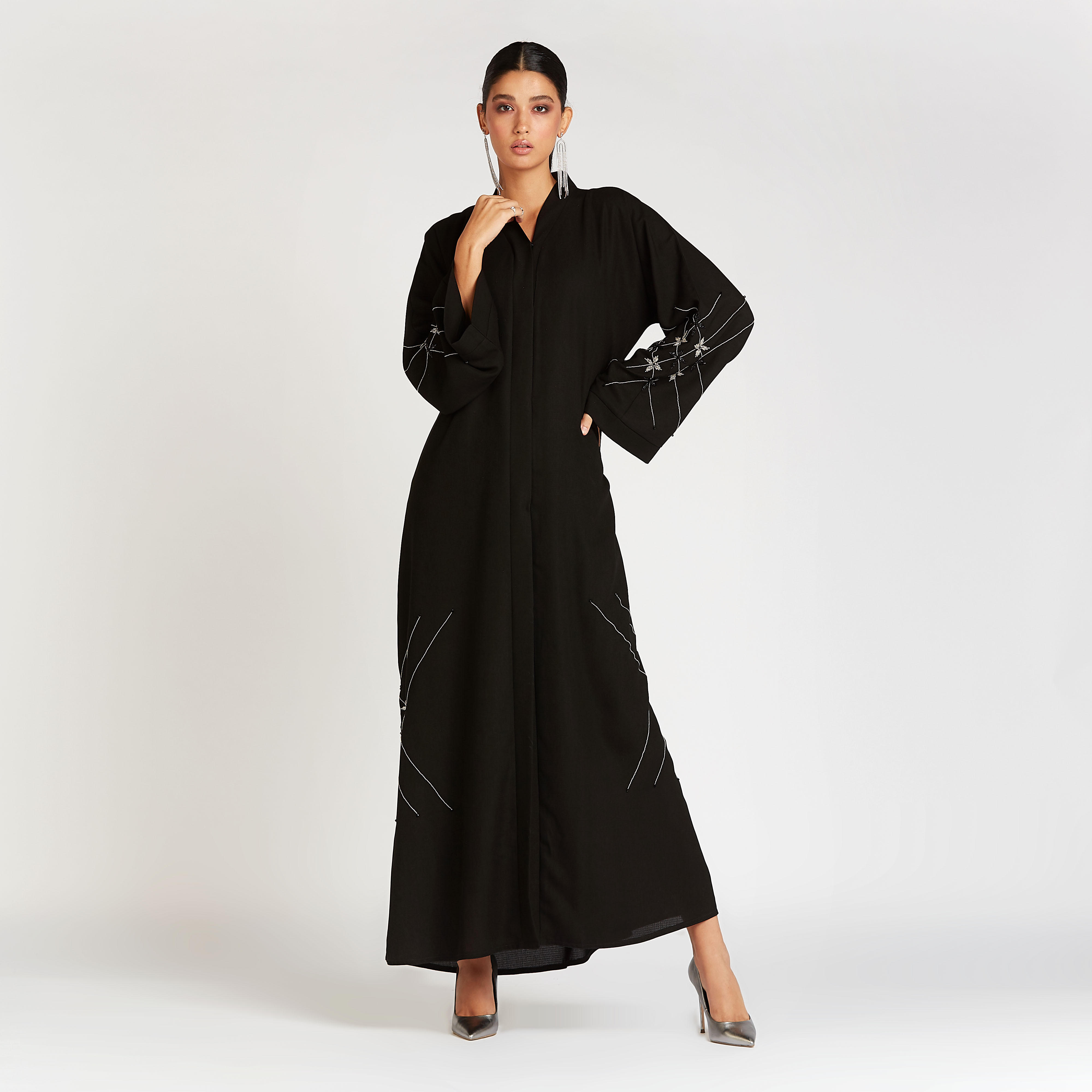 Embellished Abaya with V-neck and Flared Sleeves-women-arabicclothing-abayas-image-1