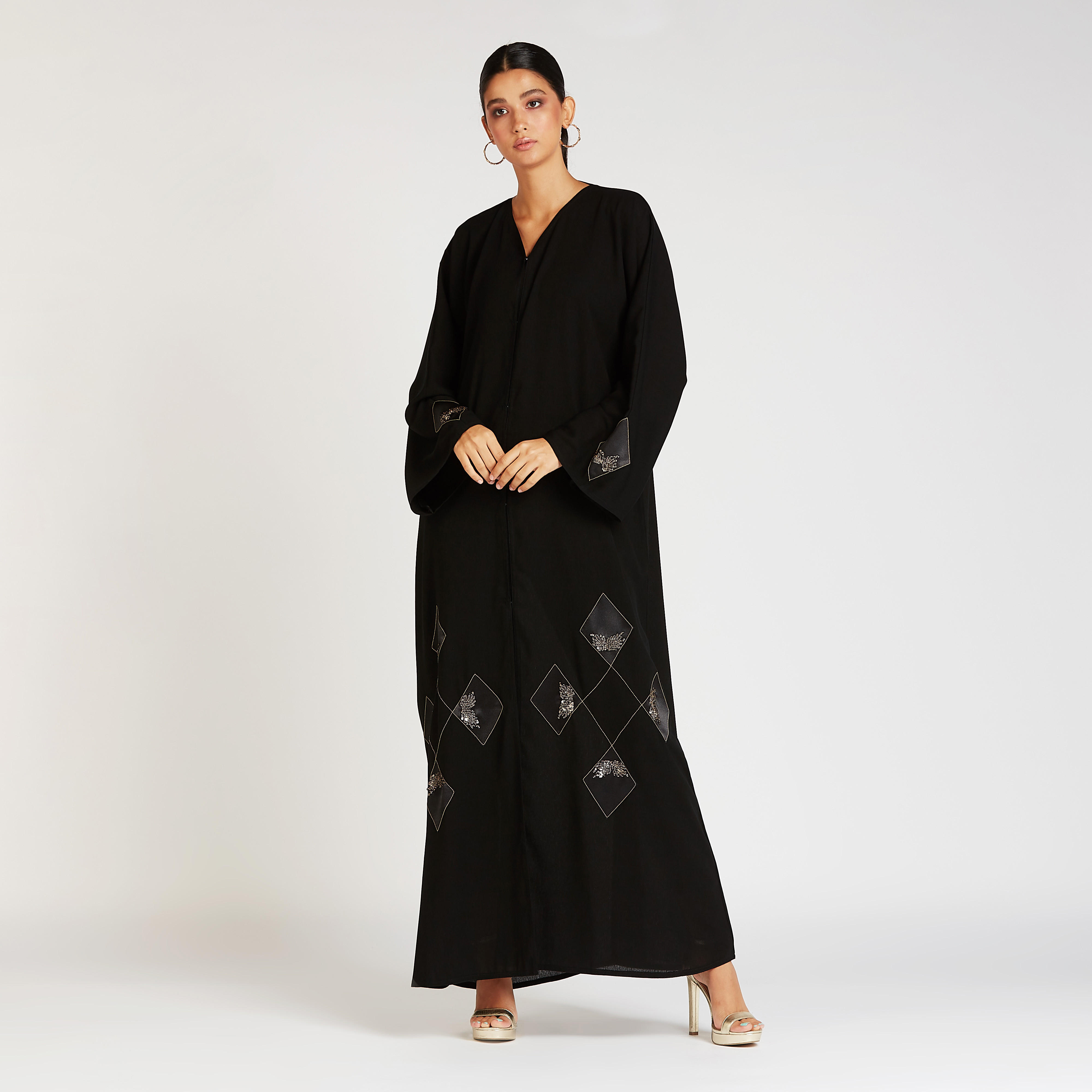Embellished Abaya with V-neck and Flared Sleeves-women-arabicclothing-abayas-image-1