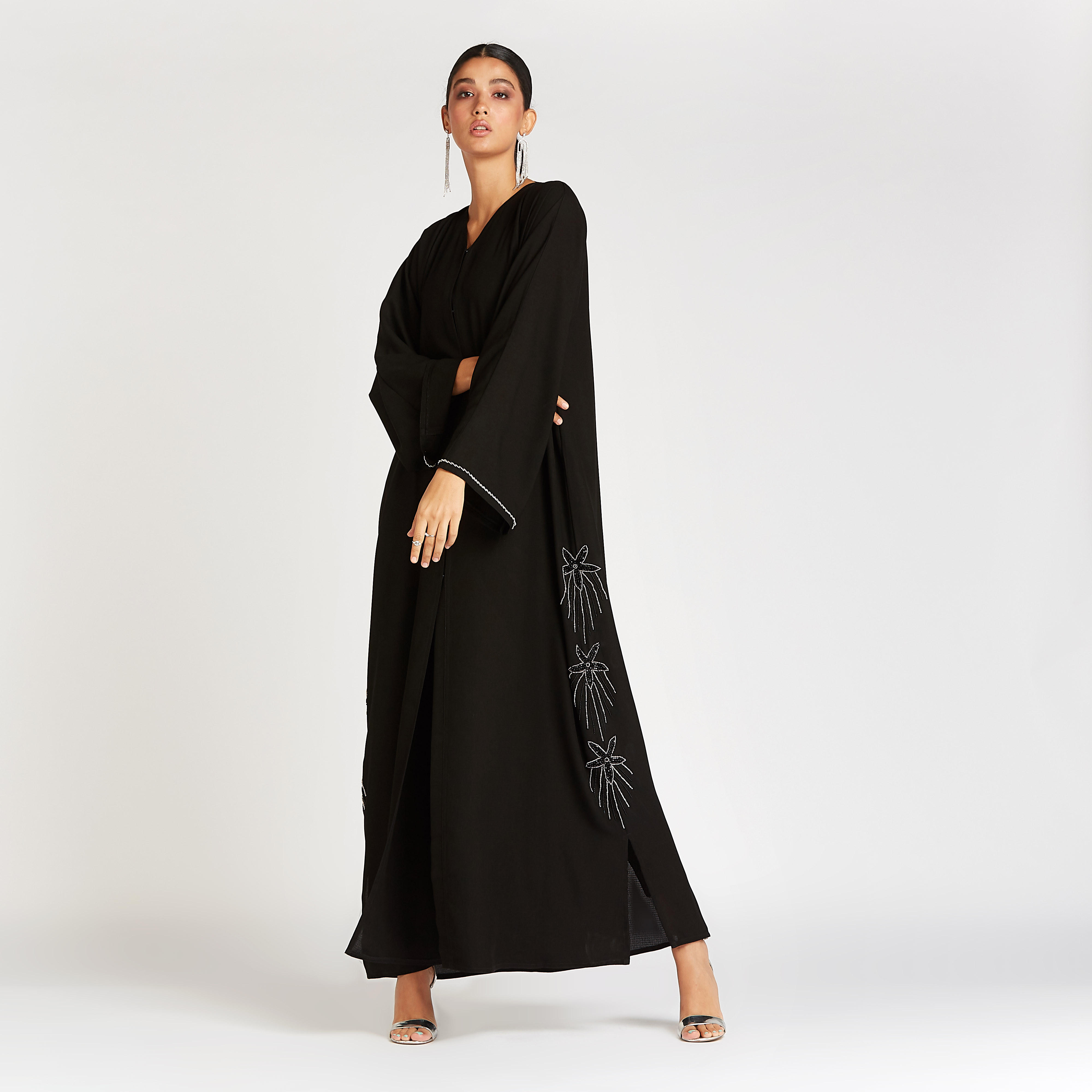 Embellished Abaya with V-neck and Flared Sleeves-women-arabicclothing-abayas-image-1