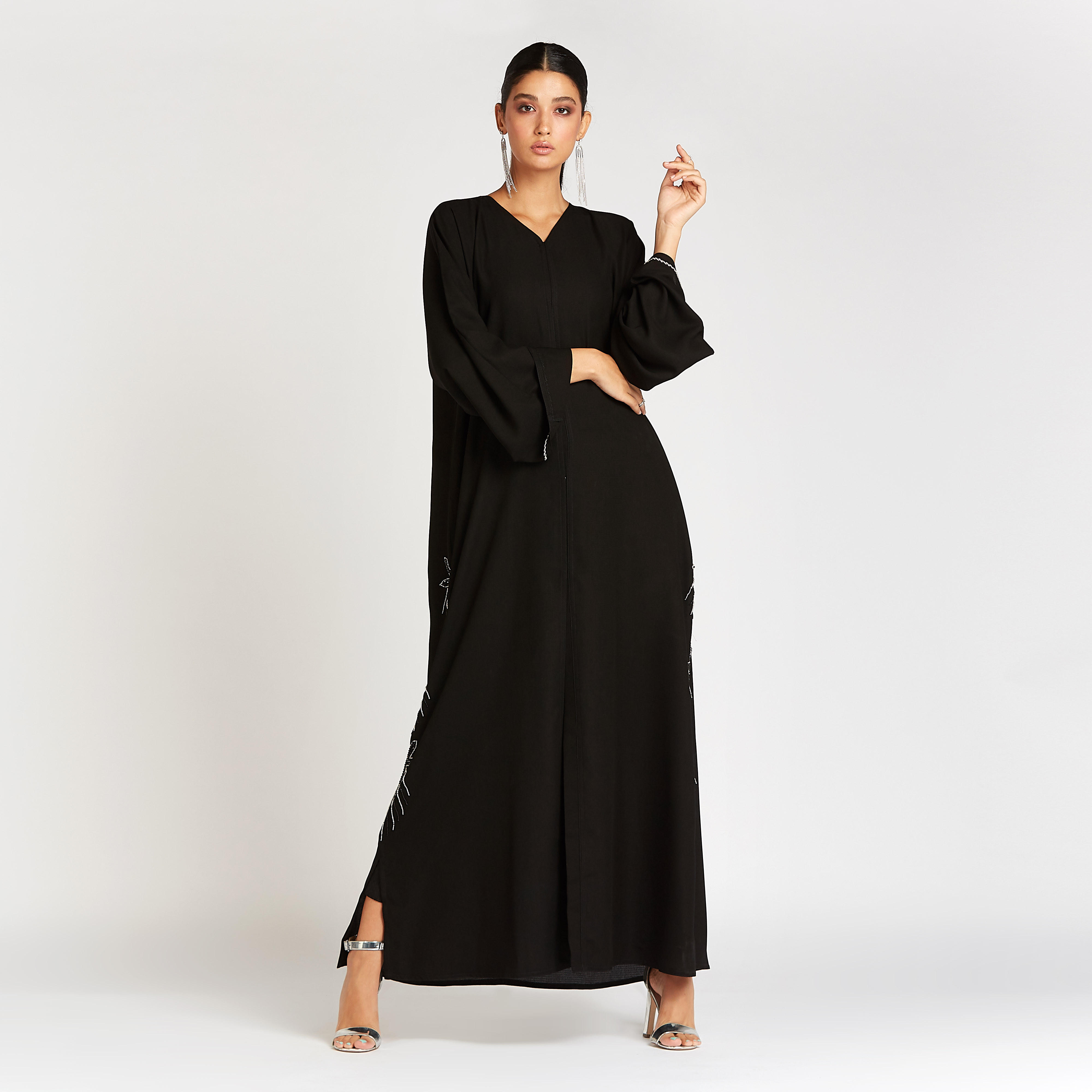 Embellished Abaya with V-neck and Flared Sleeves-women-arabicclothing-abayas-image-2