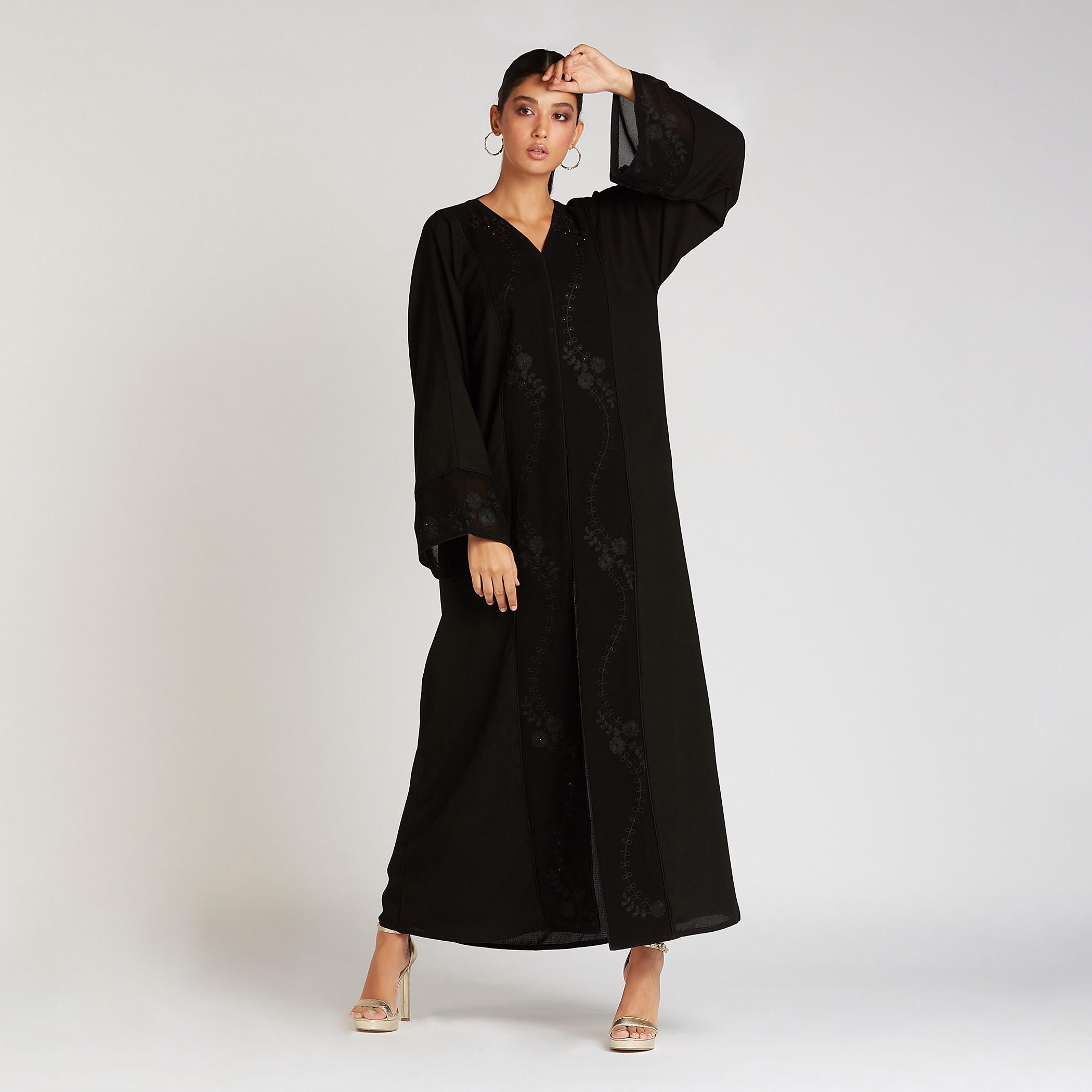 Embroidered Abaya with V-neck and Flared Sleeves-women-arabicclothing-abayas-image-1