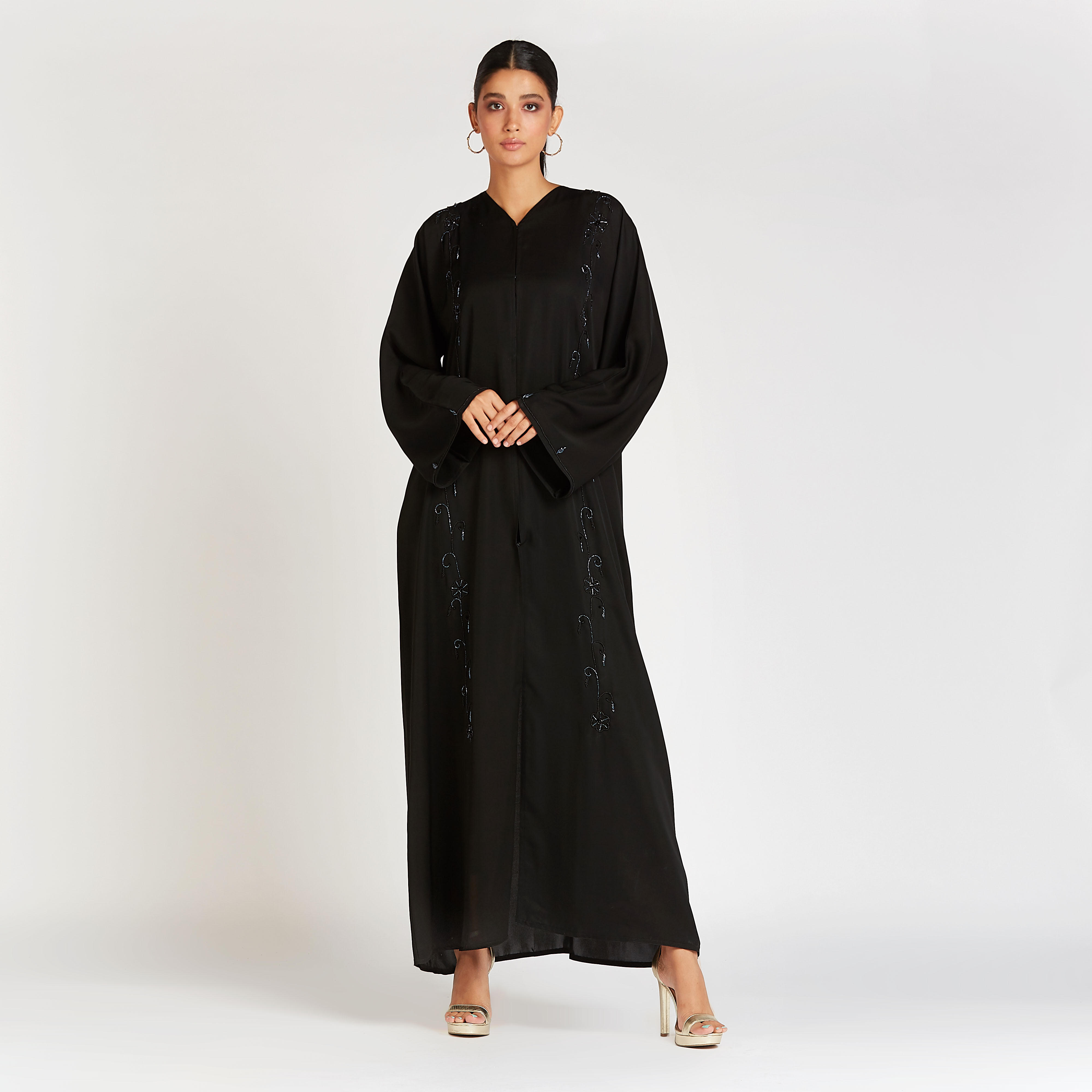 Embellished Abaya with V-neck and Flared Sleeves-women-arabicclothing-abayas-image-1