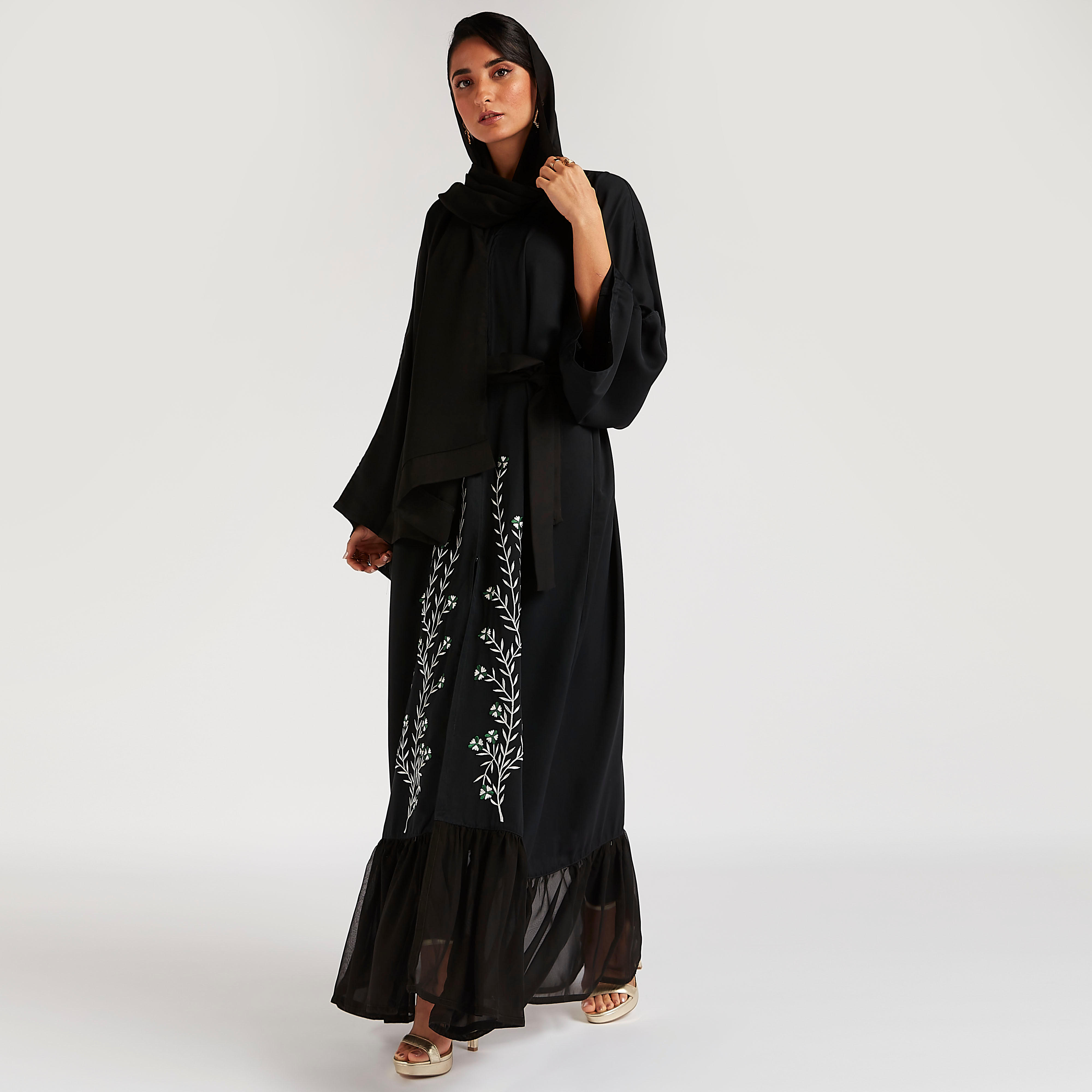 Abayas Embroidered A-line Belted Abaya-women-arabicclothing-abayas-image-1