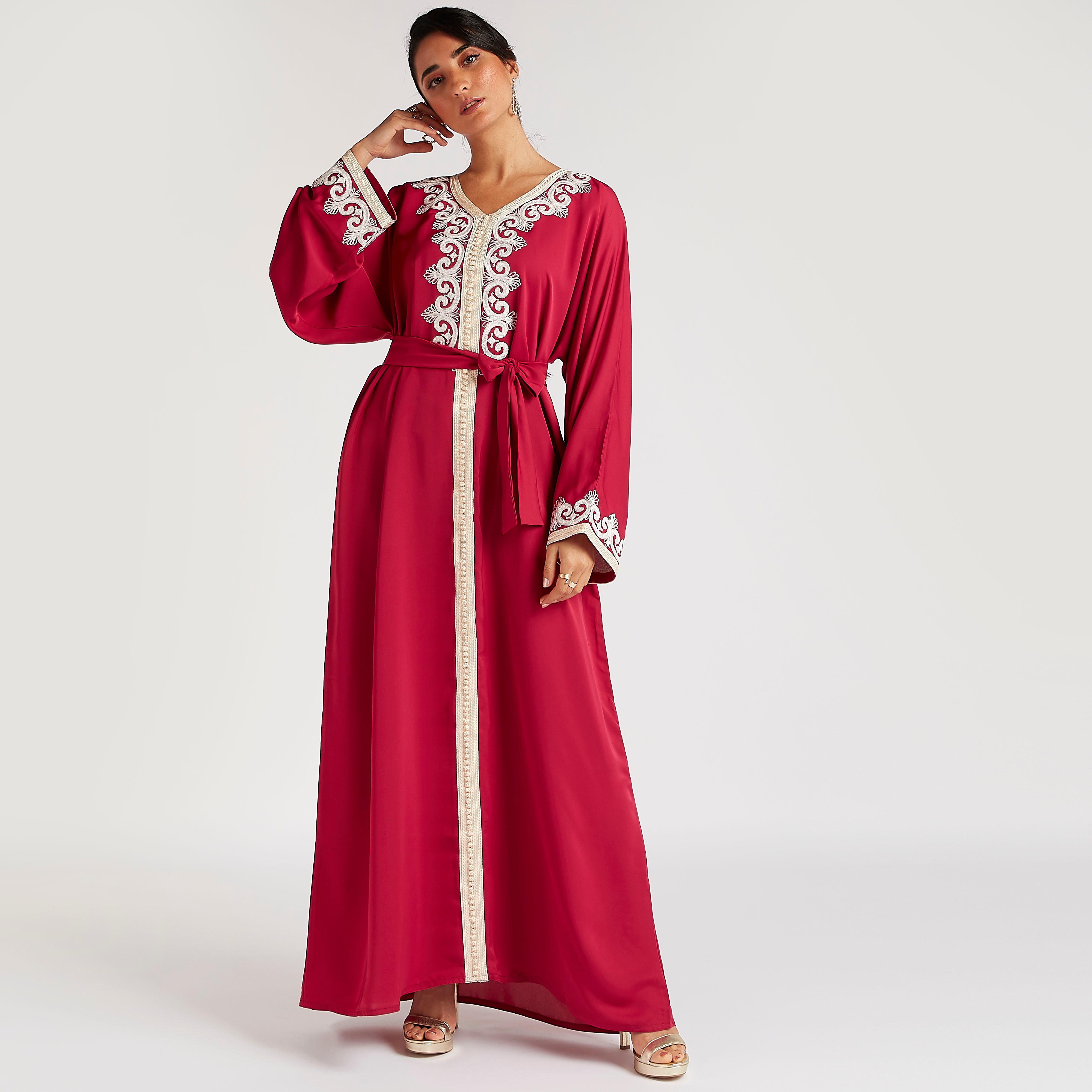 Abayas Embroidered A-line Belted Abaya with V-neck-women-arabicclothing-abayas-image-1